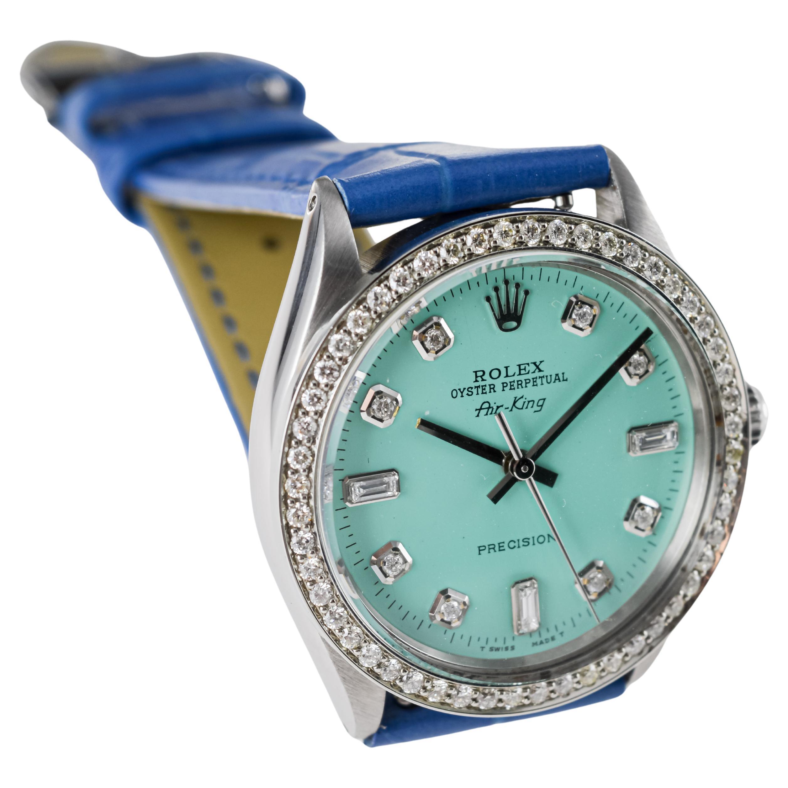 Rolex Air King de acero con esfera personalizada de diamantes azules y bisel de diamantes ca 1970's en venta 4