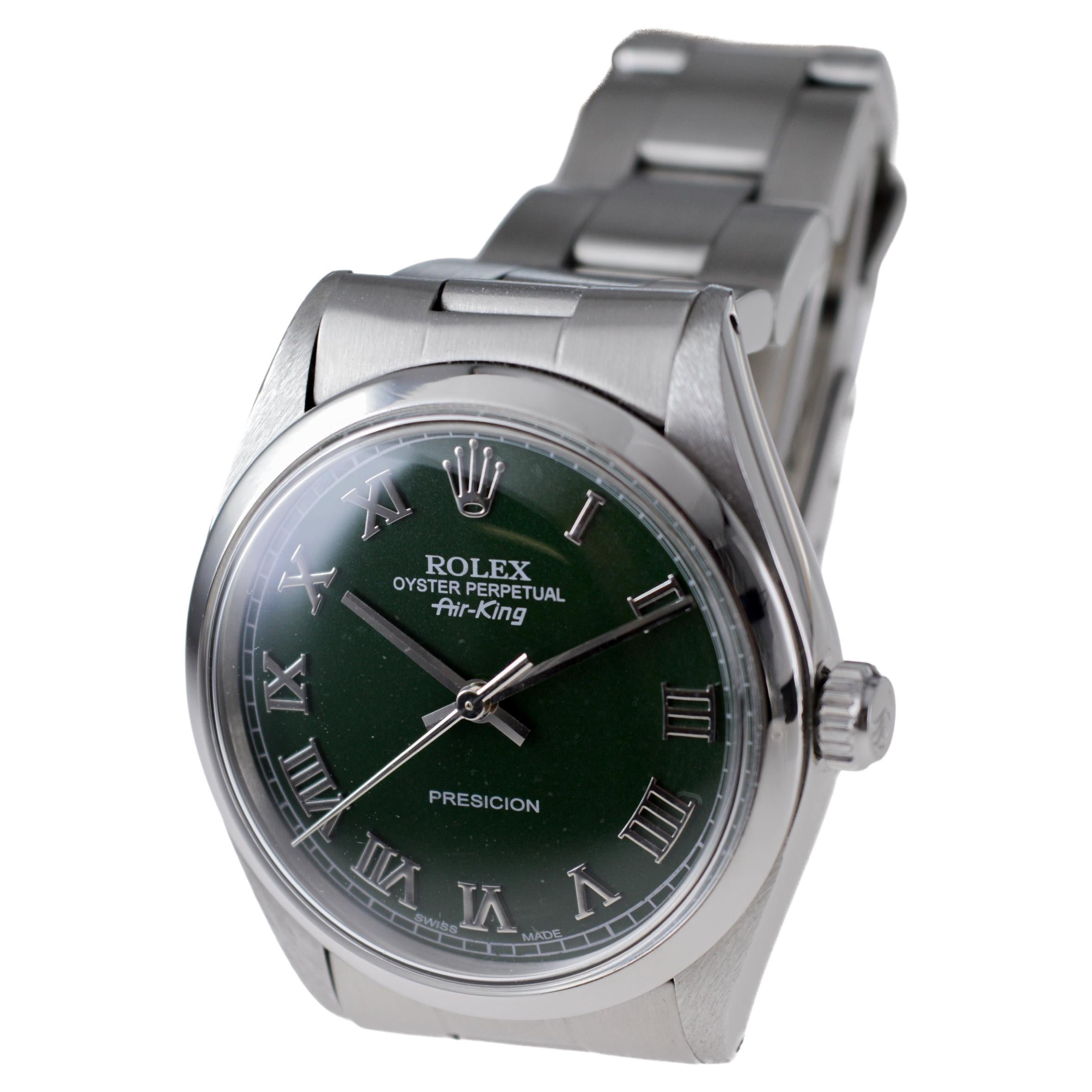 Rolex Steel Air King With Custom Dark Green Dial and Solid Link Bracelet 1970's For Sale 5