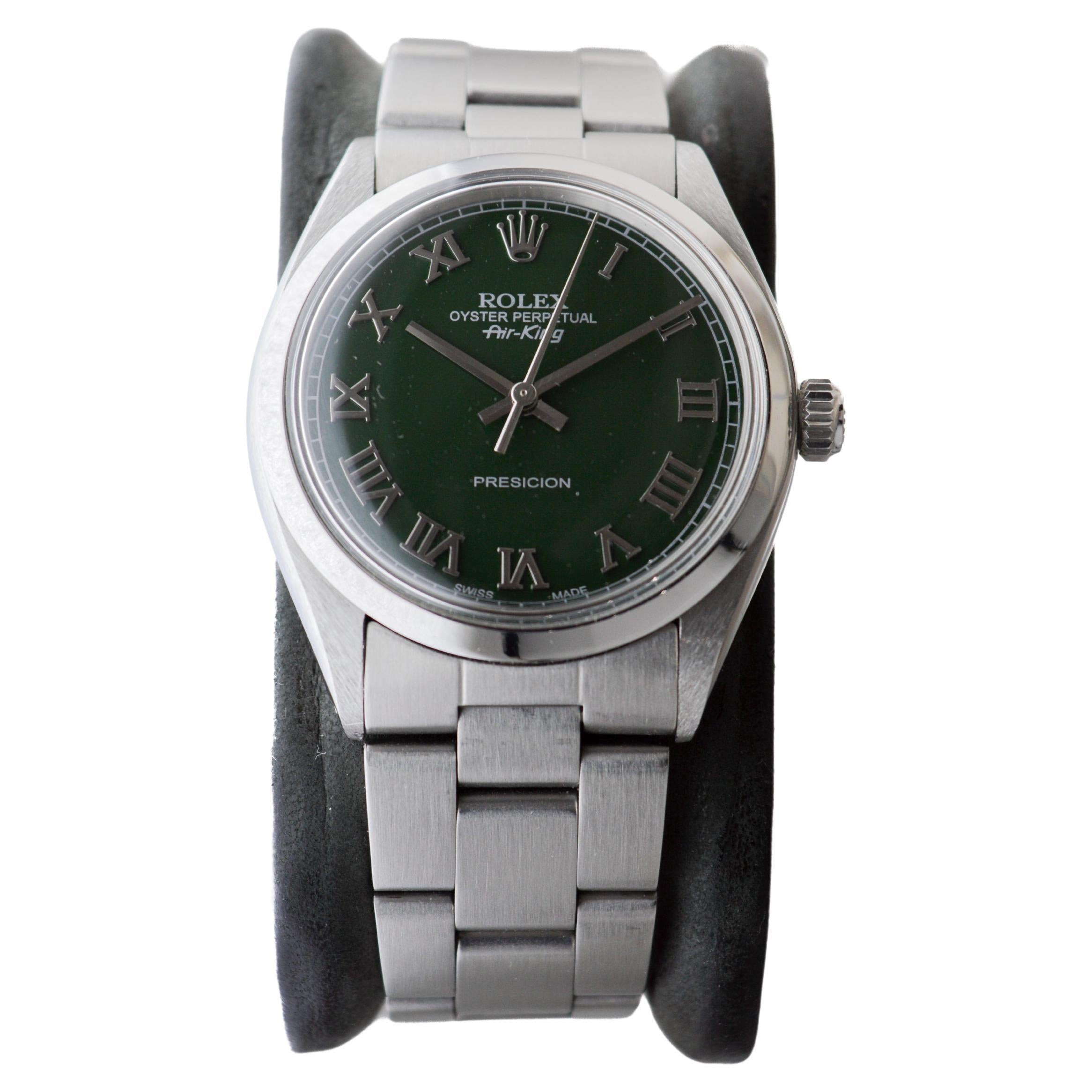 Modern Rolex Steel Air King With Custom Dark Green Dial and Solid Link Bracelet 1970's For Sale