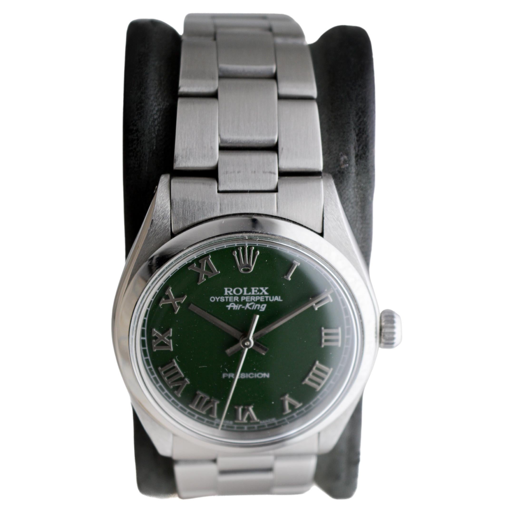 Rolex Steel Air King With Custom Dark Green Dial and Solid Link Bracelet 1970's In Excellent Condition For Sale In Long Beach, CA