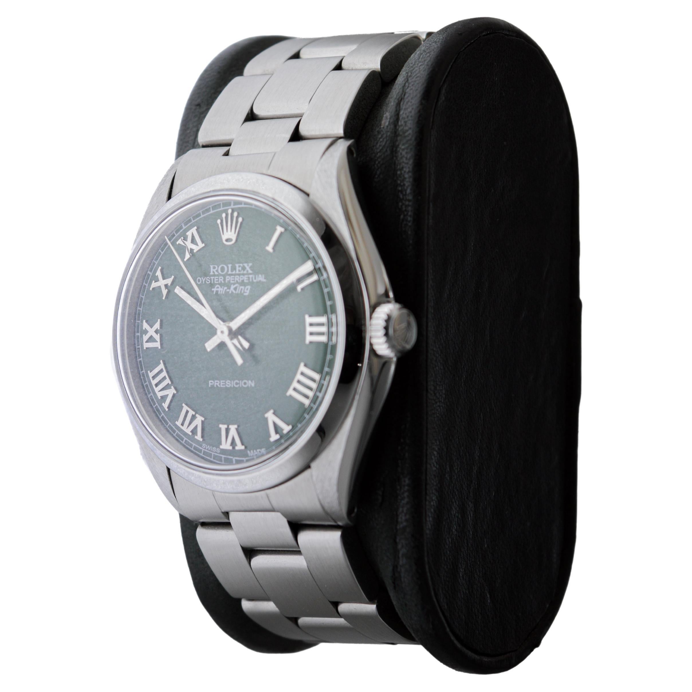 Women's or Men's Rolex Steel Air King With Custom Dark Green Dial and Solid Link Bracelet 1970's For Sale