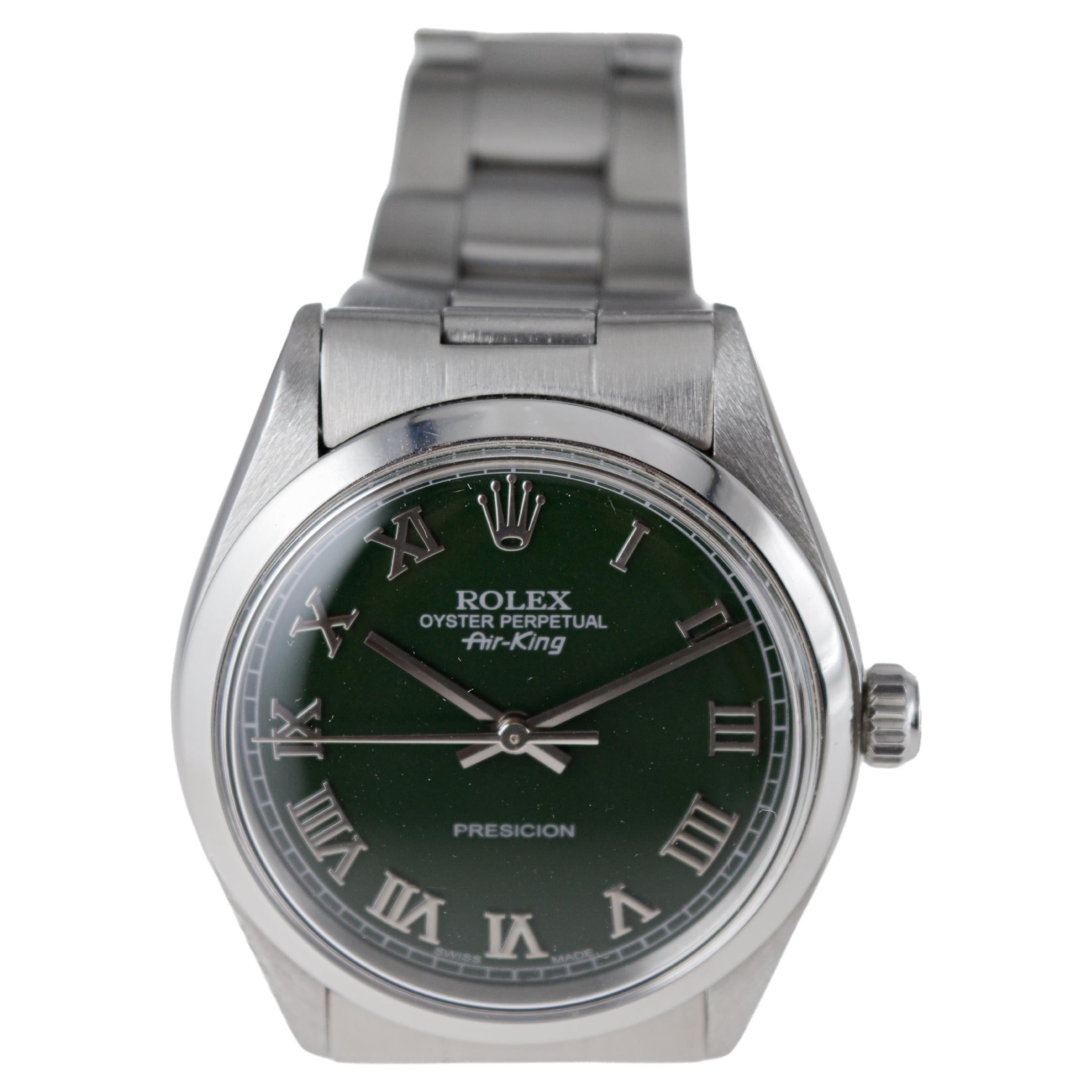 Rolex Steel Air King With Custom Dark Green Dial and Solid Link Bracelet 1970's For Sale 3