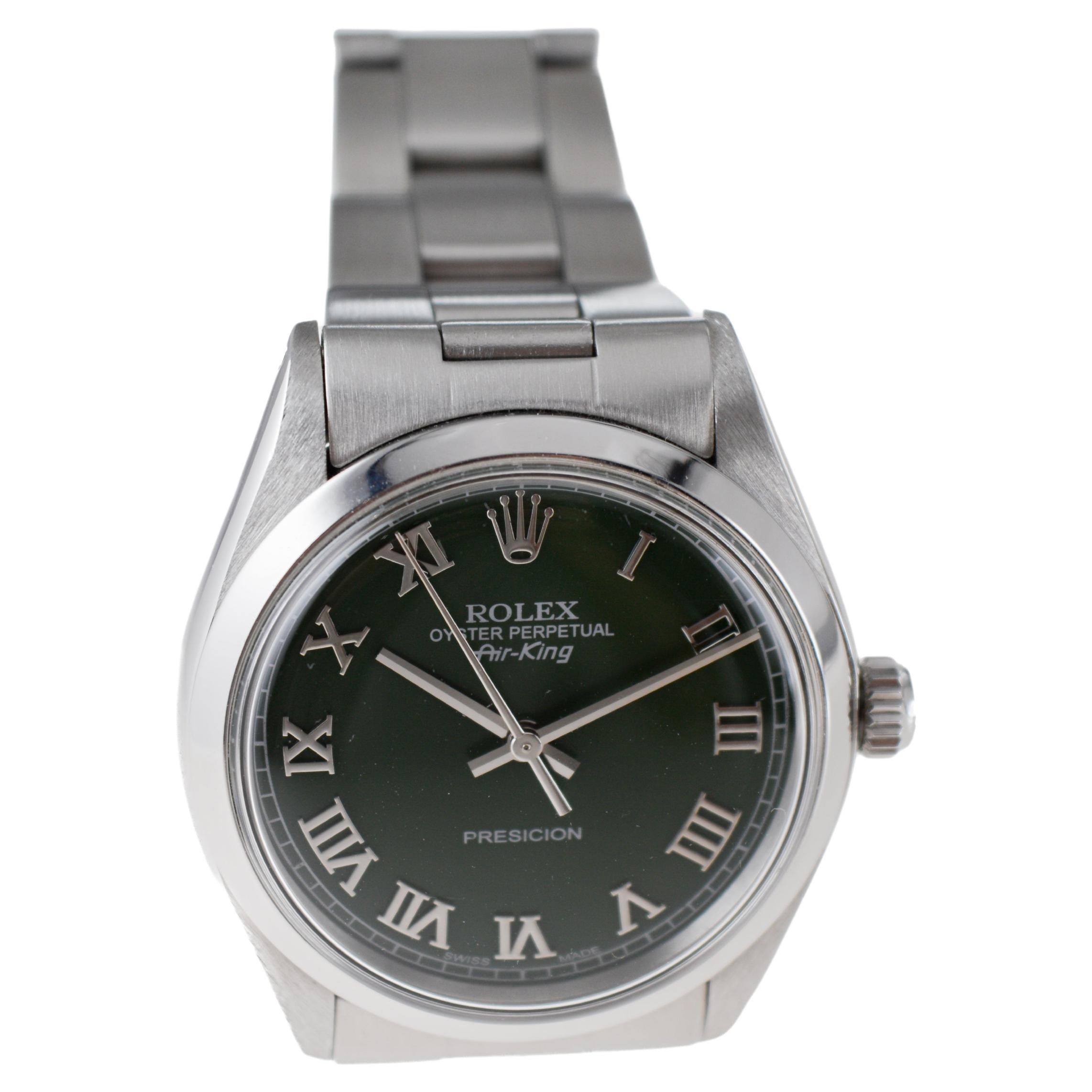 Rolex Steel Air King With Custom Dark Green Dial and Solid Link Bracelet 1970's For Sale 4