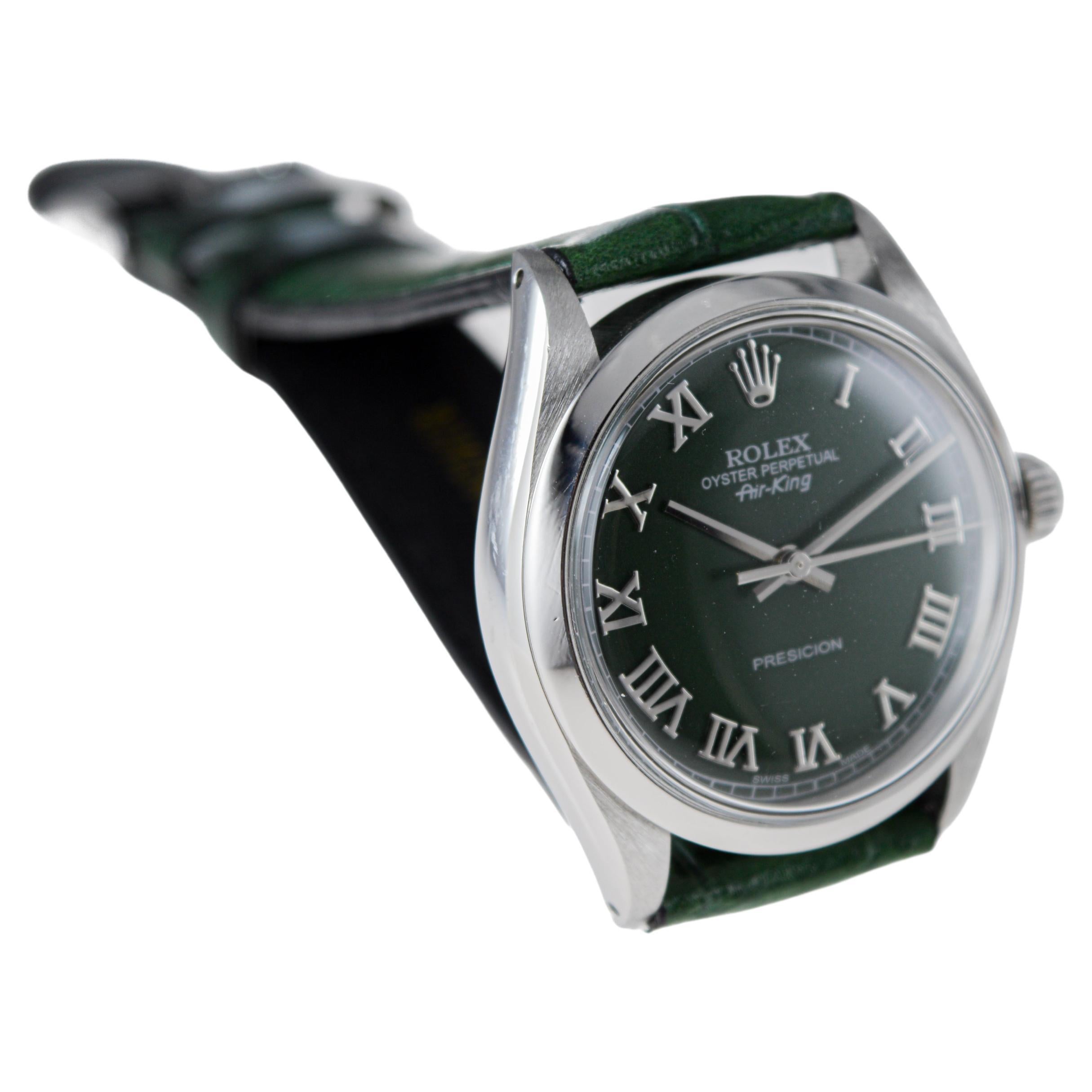 Rolex Steel Air King With Custom Dark Green Dial circa, 1970's For Sale 2