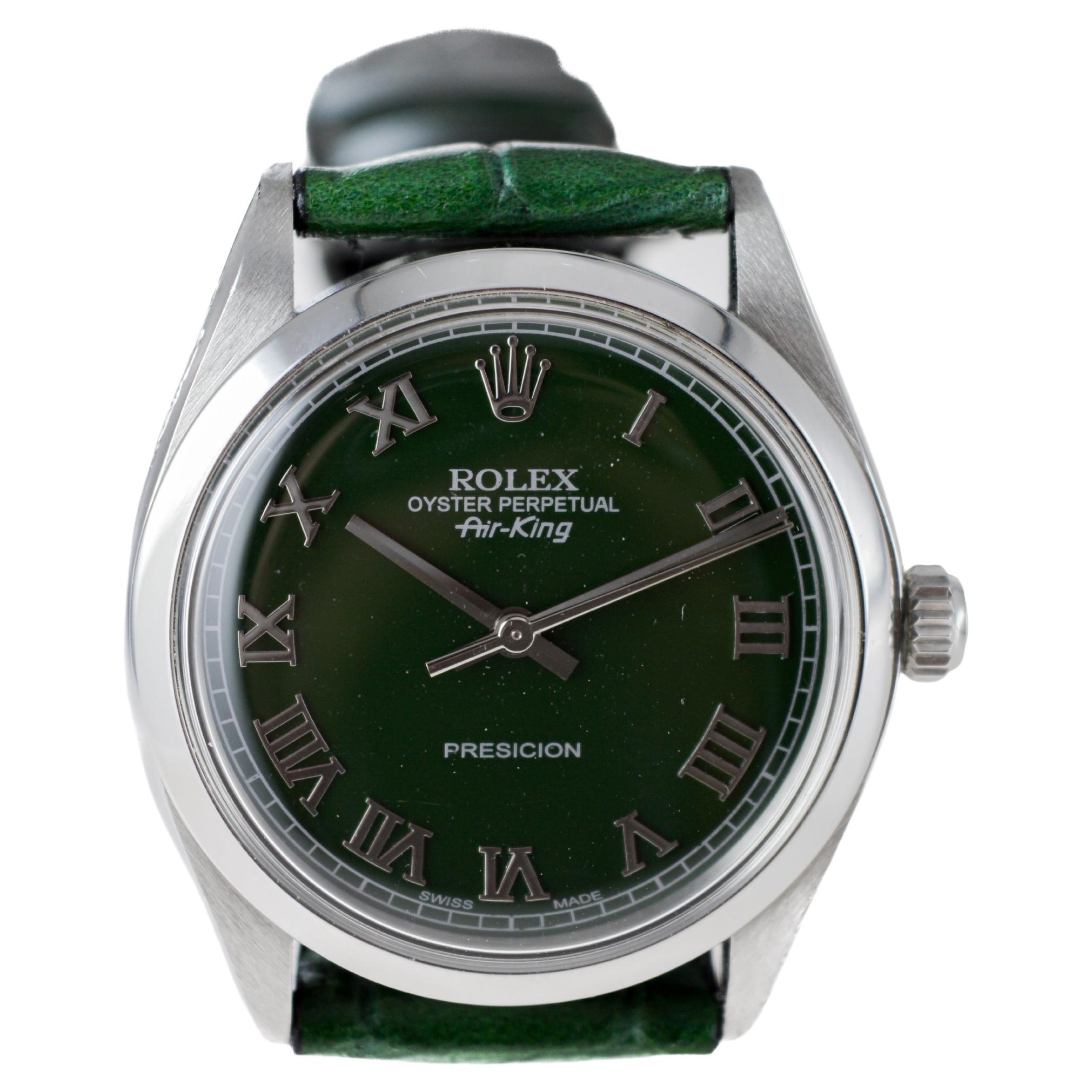 Rolex Steel Air King With Custom Dark Green Dial circa, 1970's For Sale 3