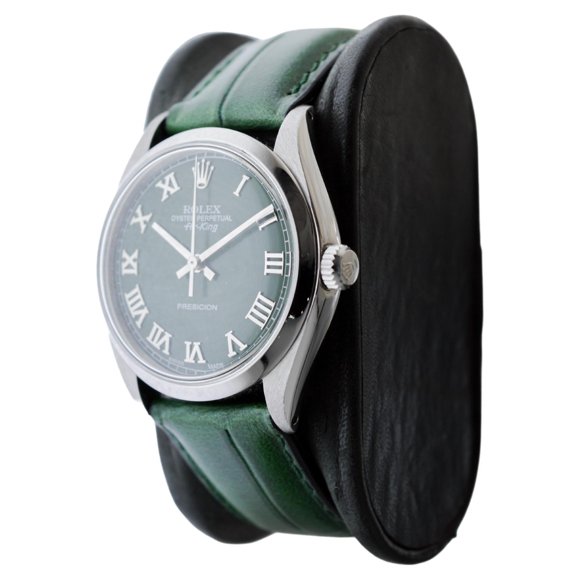 Modern Rolex Steel Air King With Custom Dark Green Dial circa, 1970's For Sale