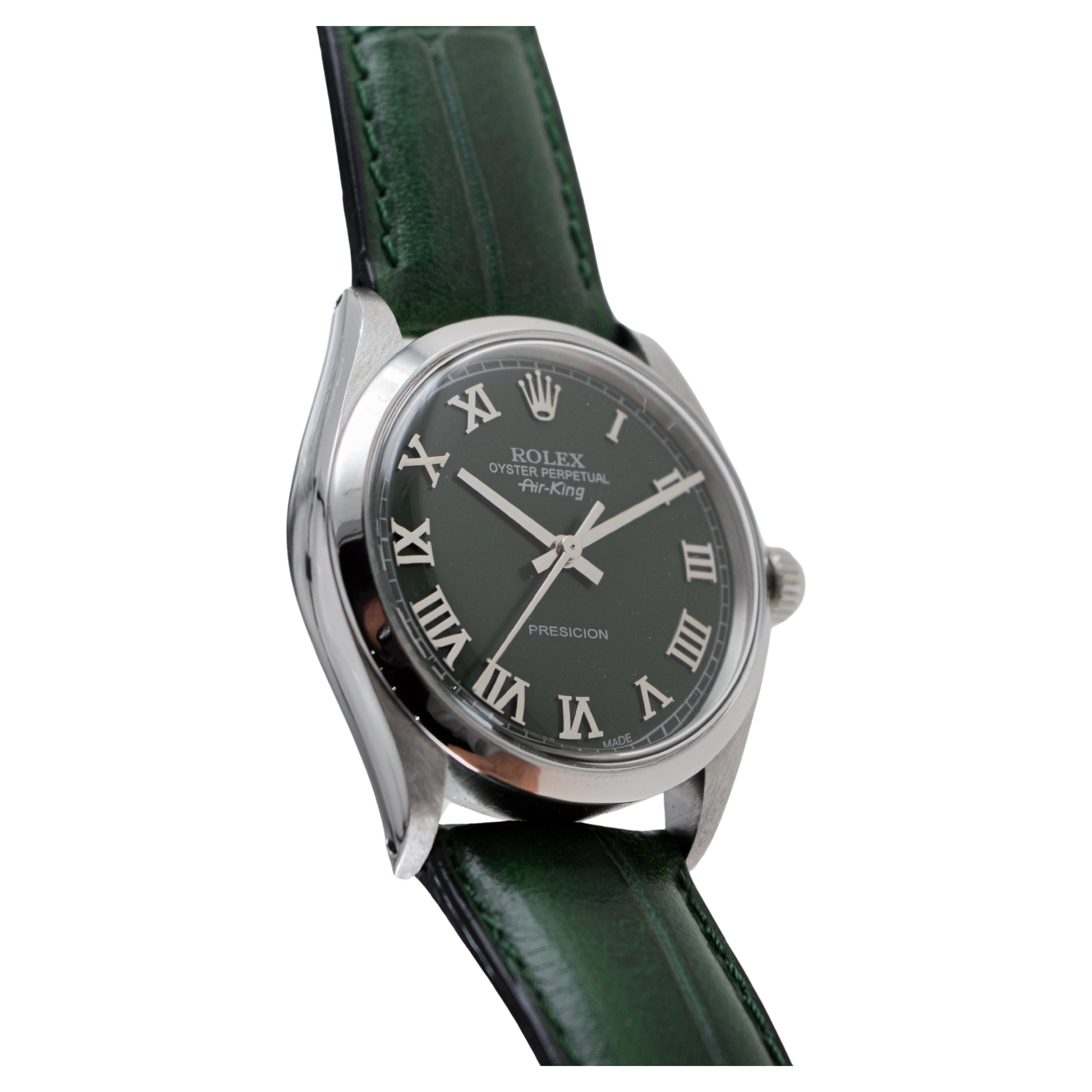 Women's or Men's Rolex Steel Air King With Custom Dark Green Dial circa, 1970's For Sale