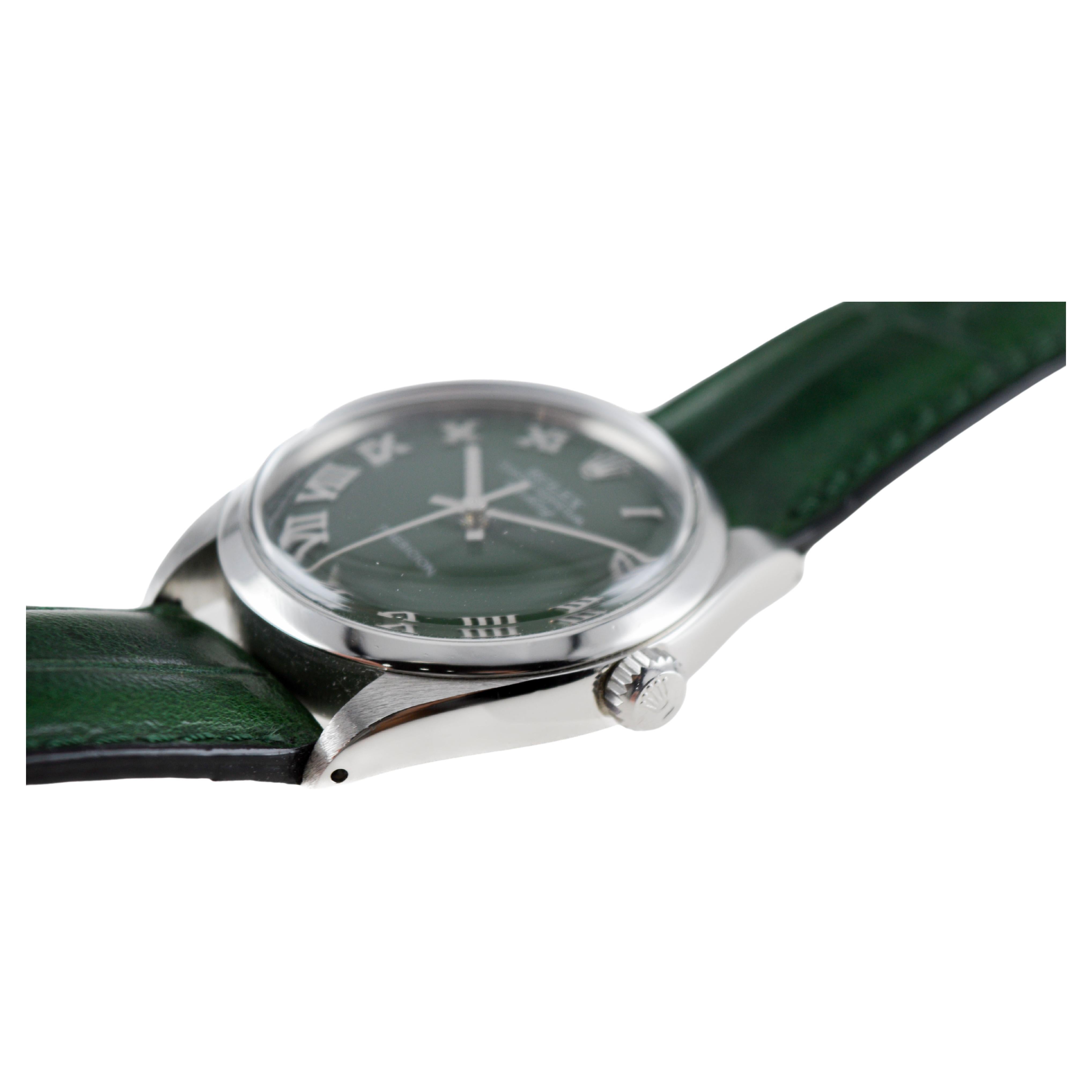 Rolex Steel Air King With Custom Dark Green Dial circa, 1970's For Sale 1