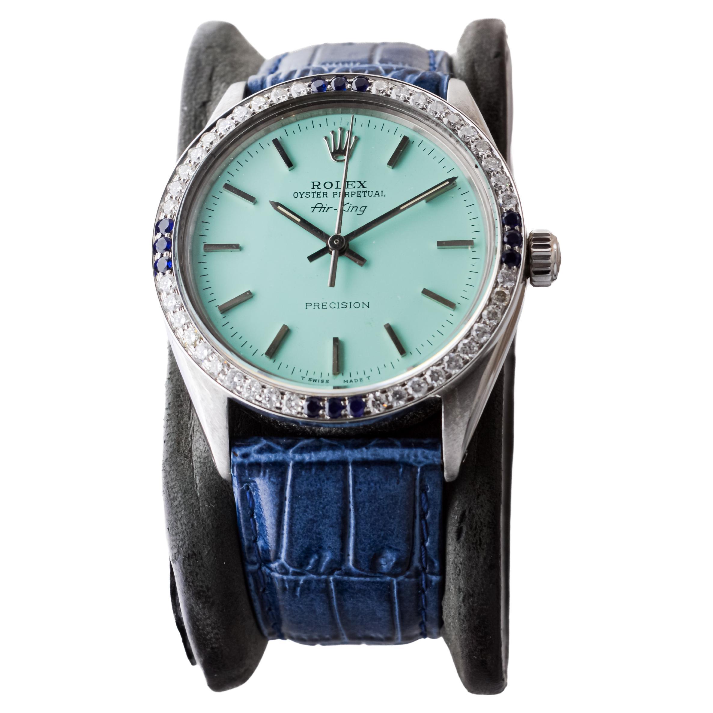 Moderne Rolex Steel Air-King avec cadran personnalisé et lunette à diamants personnalisée circa 1970's en vente