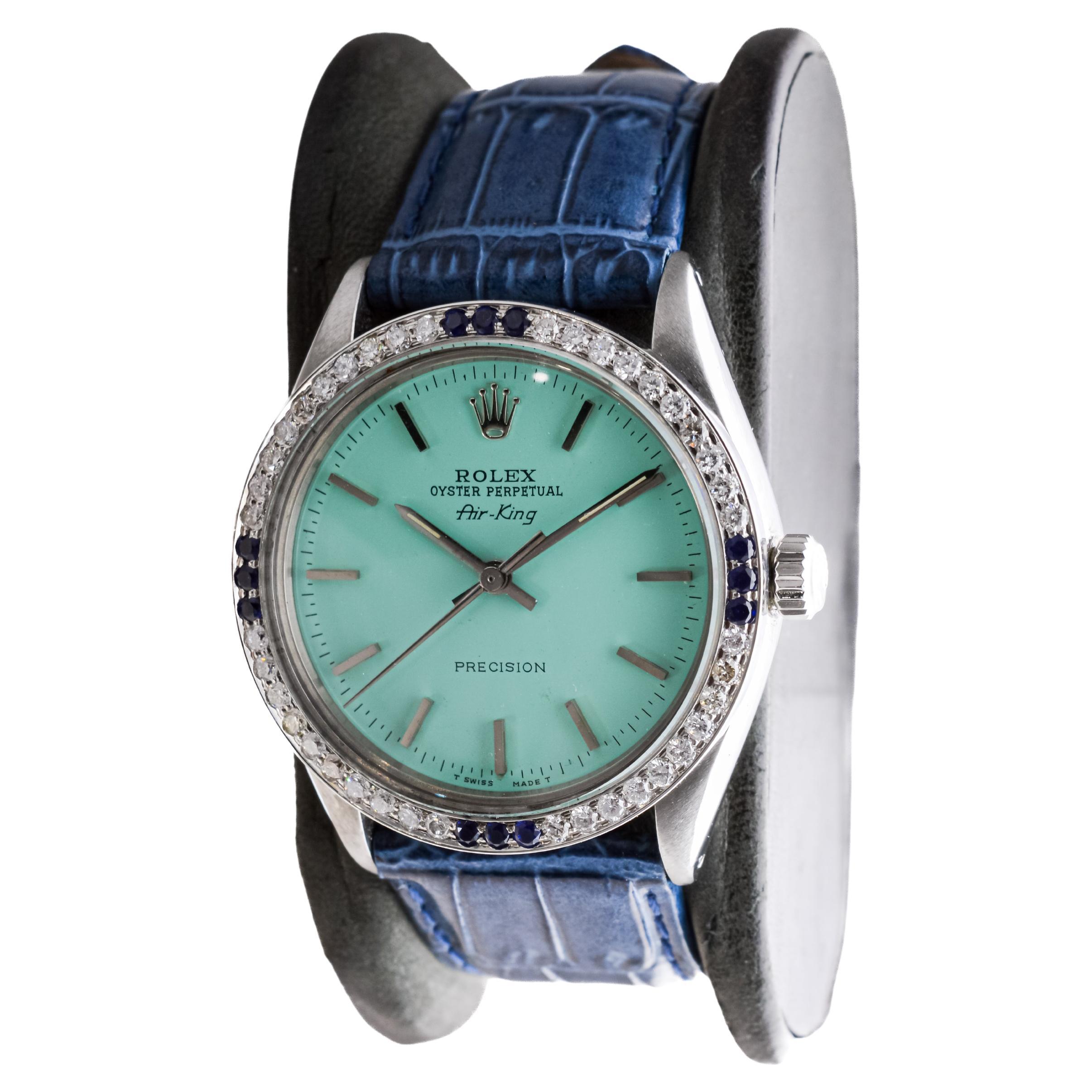 Rolex Steel Air-King avec cadran personnalisé et lunette à diamants personnalisée circa 1970's Unisexe en vente