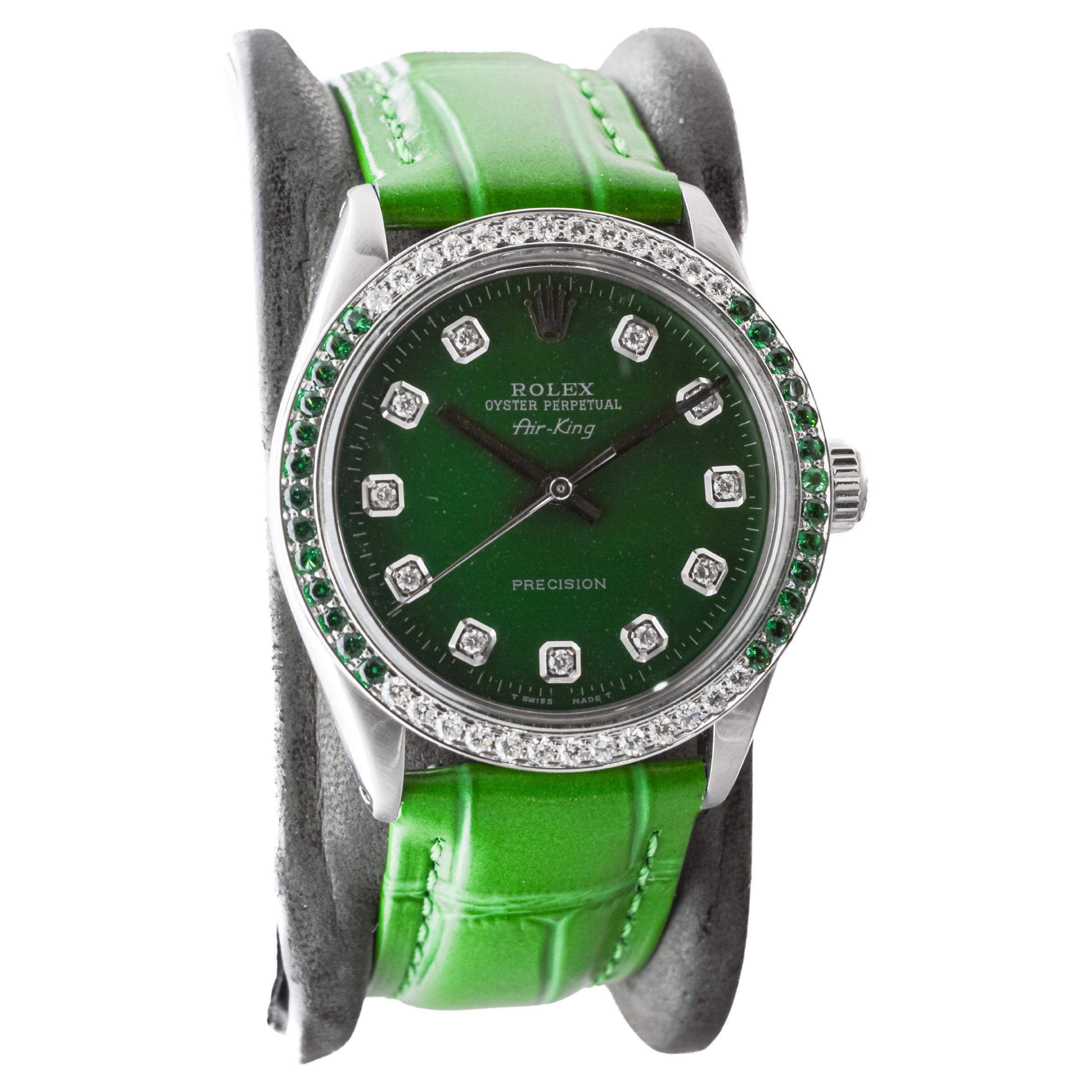 Modern Rolex Steel Air-King with Custom Diamond Dial and Diamond and Emerald Bezel For Sale