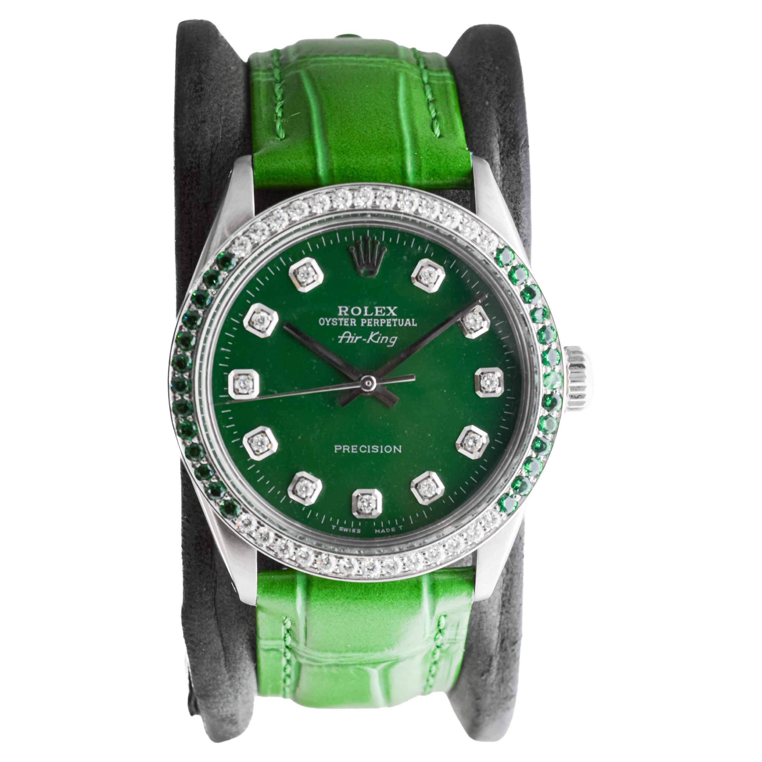 Rolex Steel Air-King with Custom Diamond Dial and Diamond and Emerald Bezel In Excellent Condition For Sale In Long Beach, CA