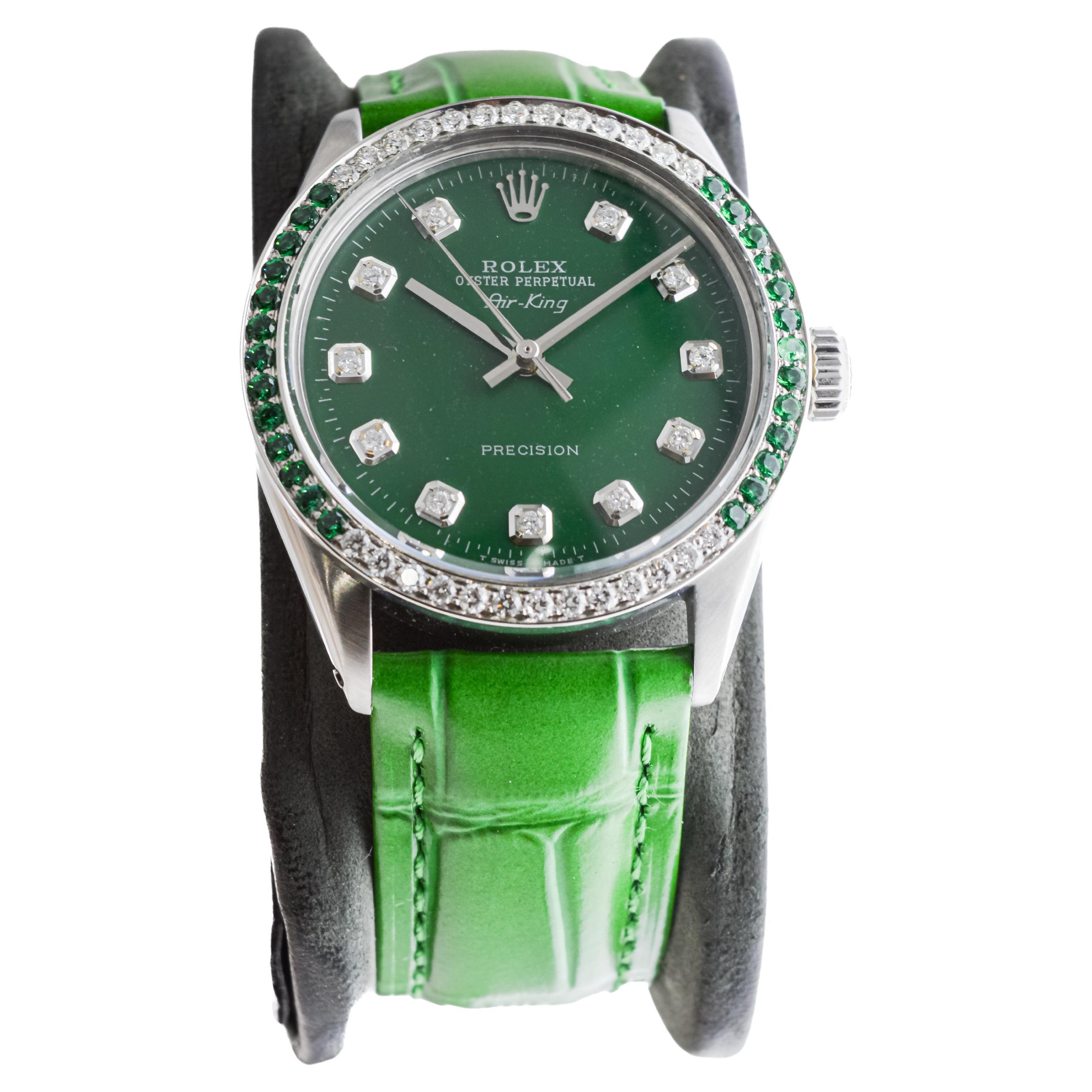 Women's or Men's Rolex Steel Air-King with Custom Diamond Dial and Diamond and Emerald Bezel For Sale