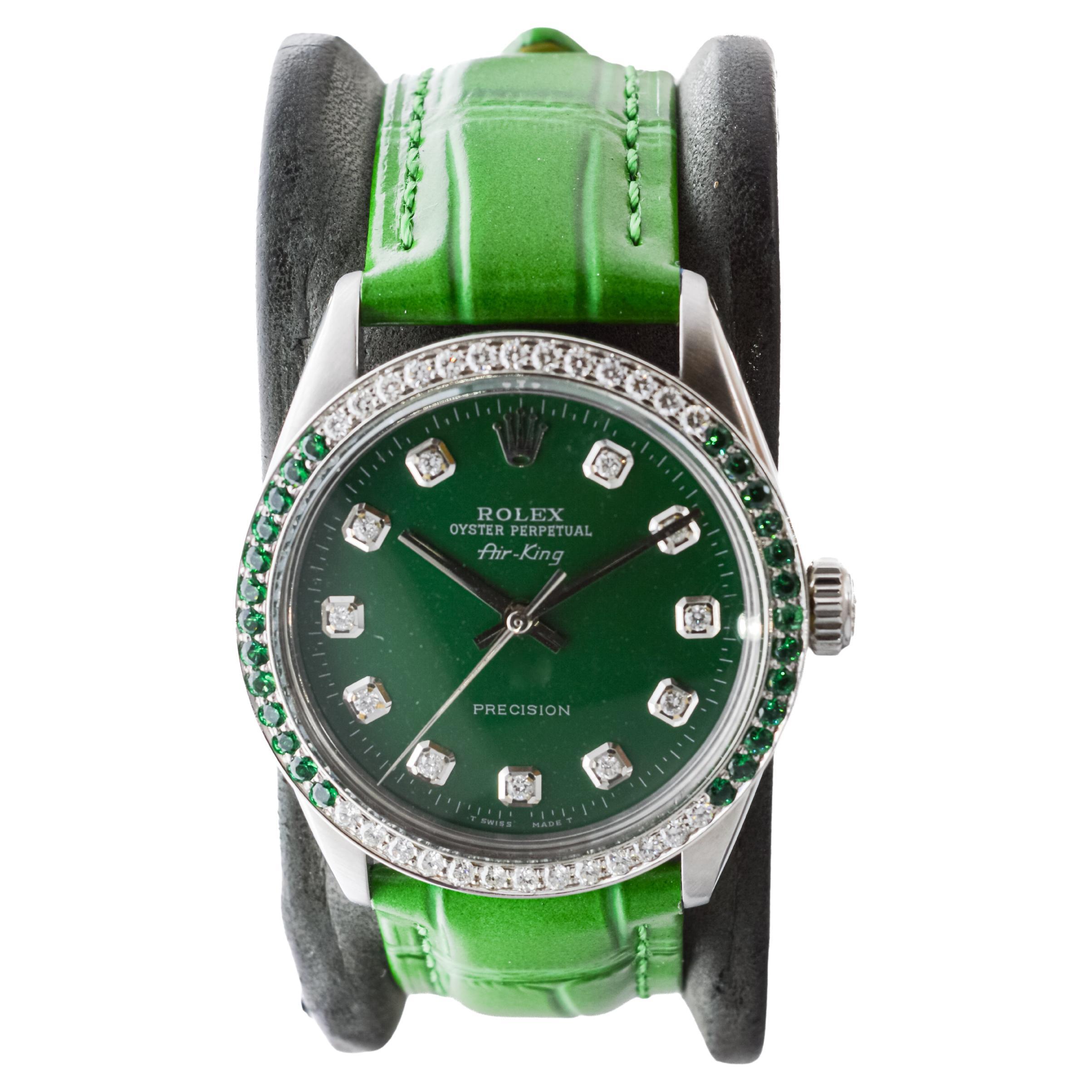 Rolex Steel Air-King with Custom Diamond Dial and Diamond and Emerald Bezel For Sale 1