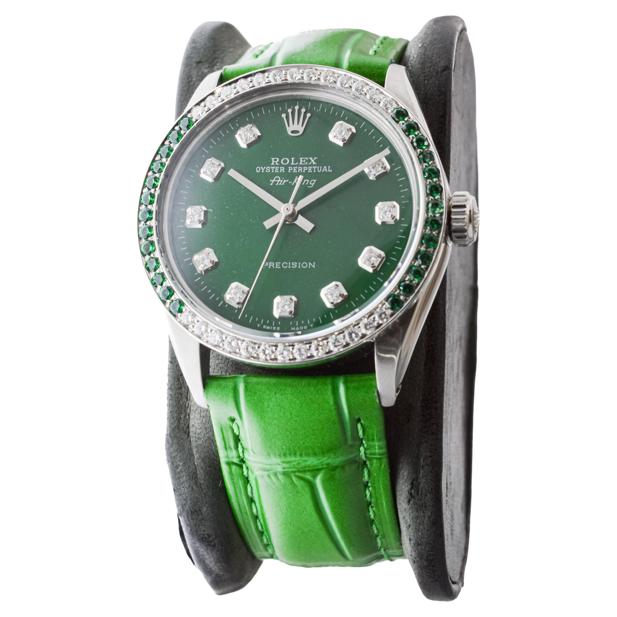 Rolex Steel Air-King with Custom Diamond Dial and Diamond and Emerald Bezel For Sale 2