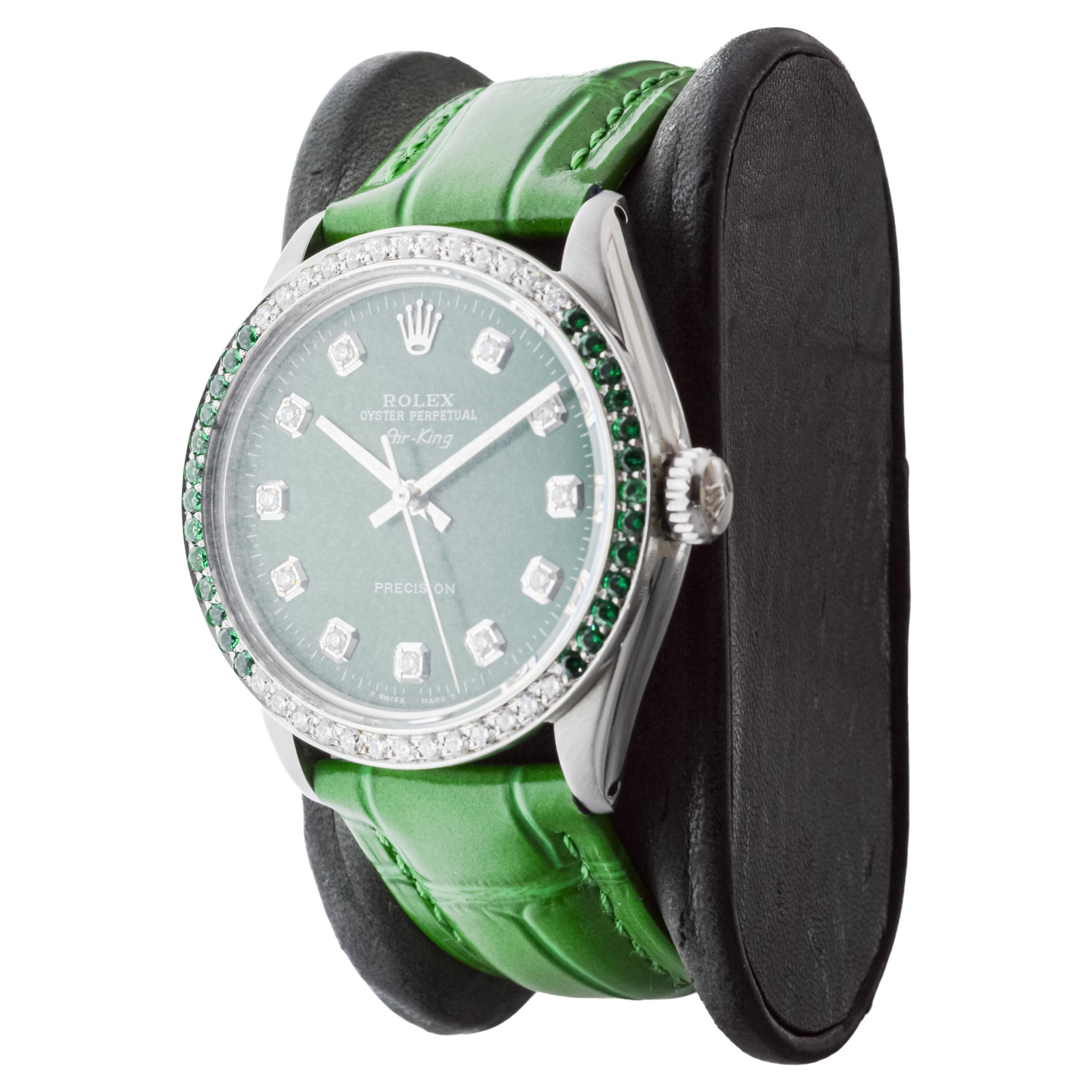 Rolex Steel Air-King with Custom Diamond Dial and Diamond and Emerald Bezel For Sale 3
