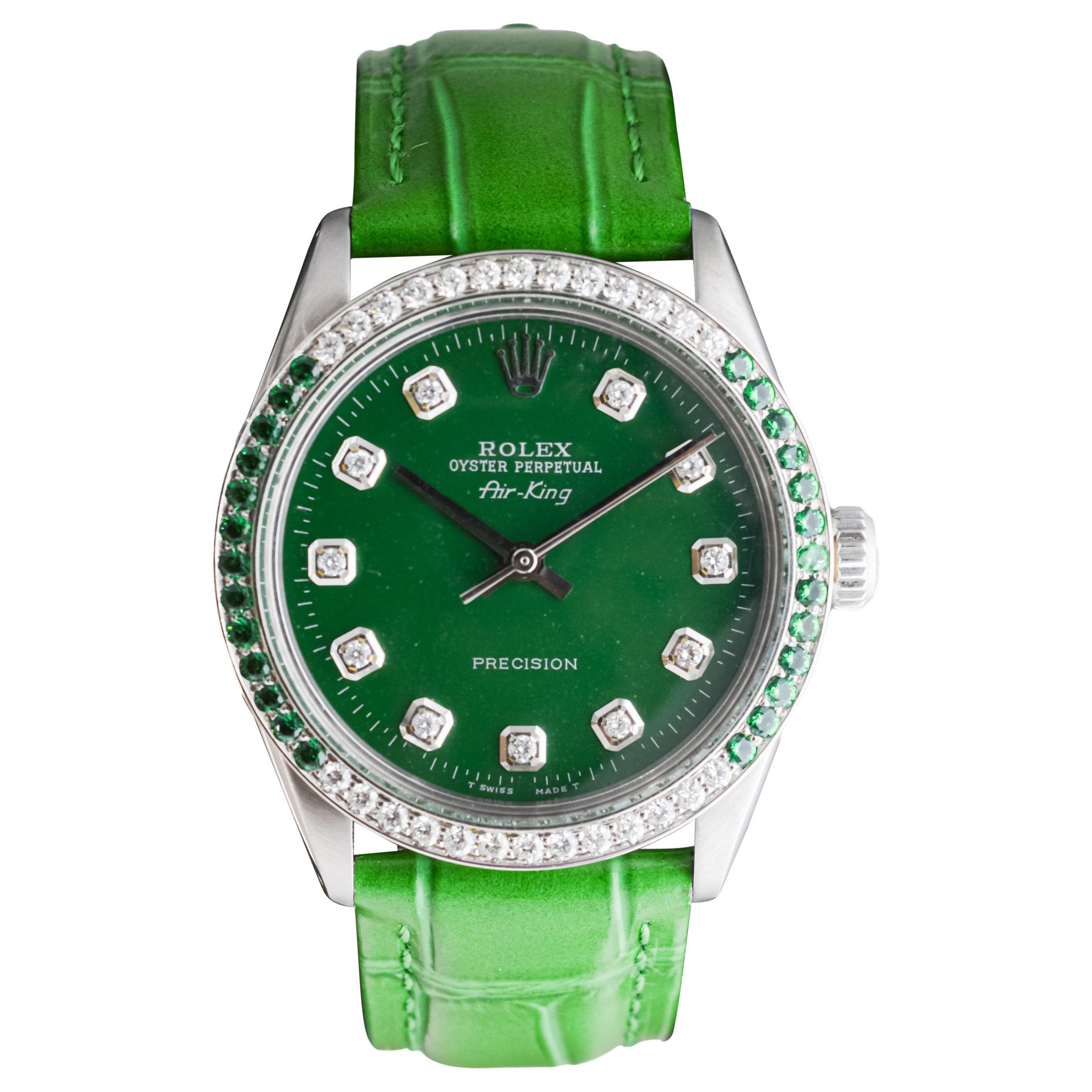 Rolex Air-King in acciaio con quadrante personalizzato con diamanti e lunetta con diamanti e smeraldi