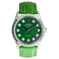 Rolex Steel Air-King with Custom Diamond Dial and Diamond and Emerald Bezel