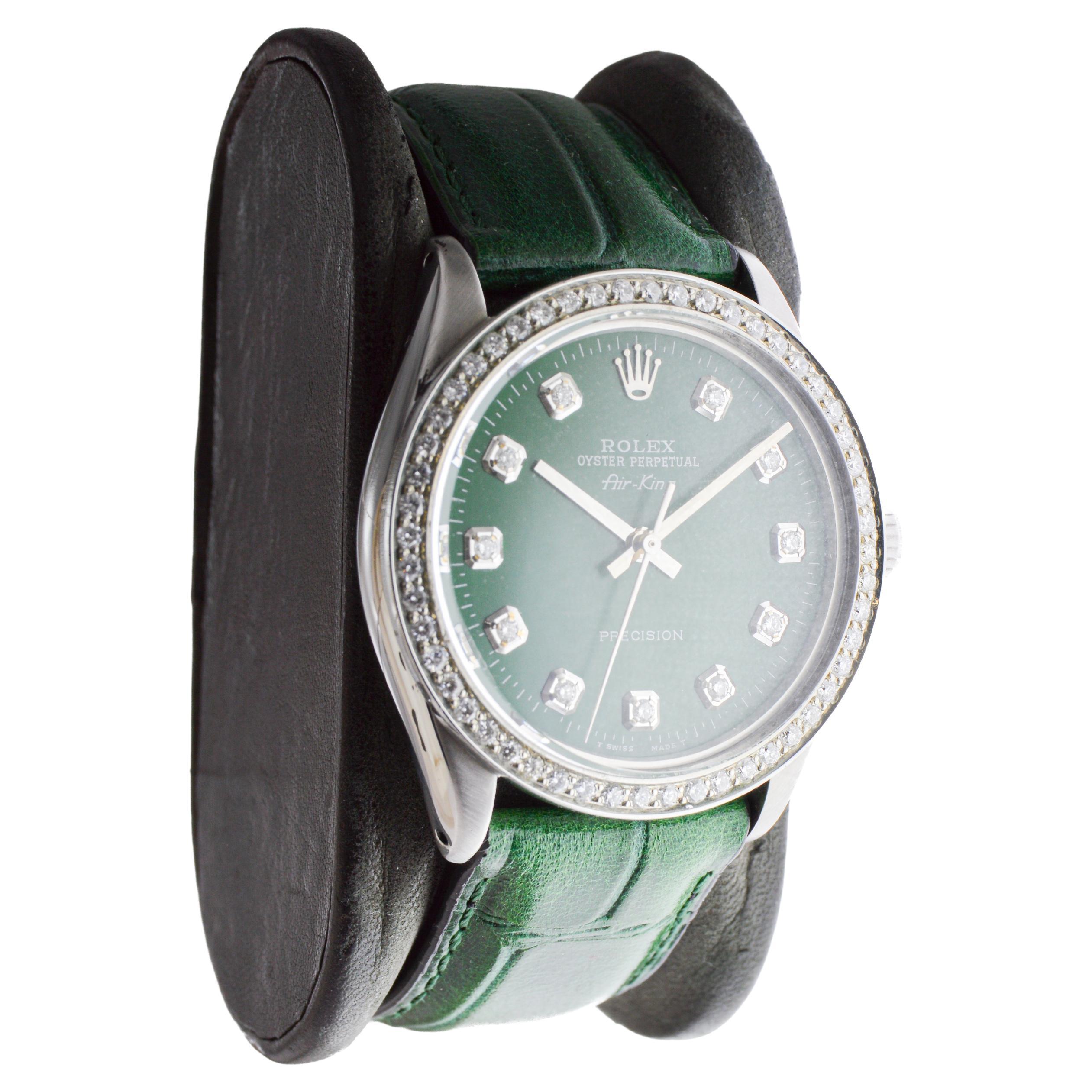 Moderno Rolex Air-King in acciaio con quadrante e lunetta di diamanti personalizzati, circa anni '80 in vendita