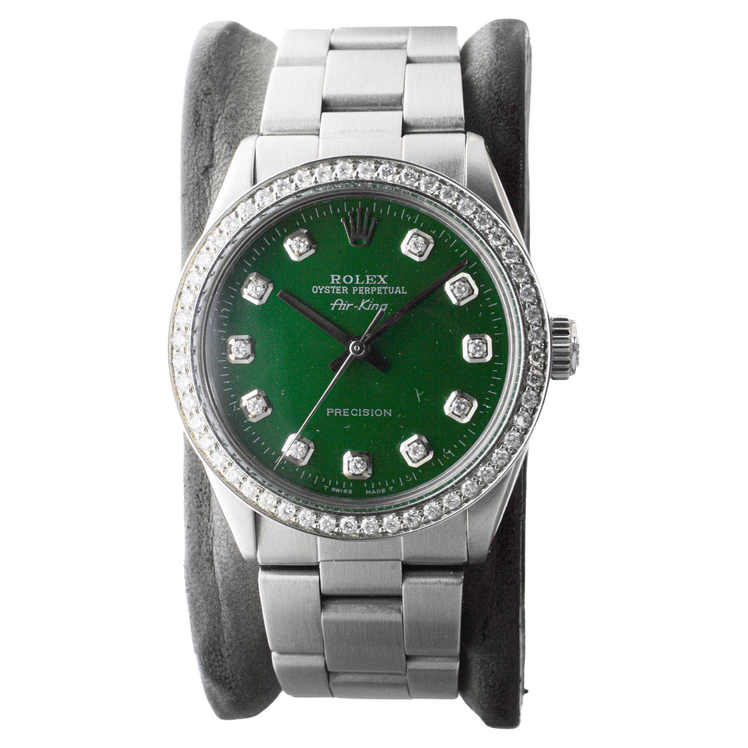 Modern Rolex Steel Air-King with Custom Diamond Dial and Diamond Bezel circa 1980's For Sale