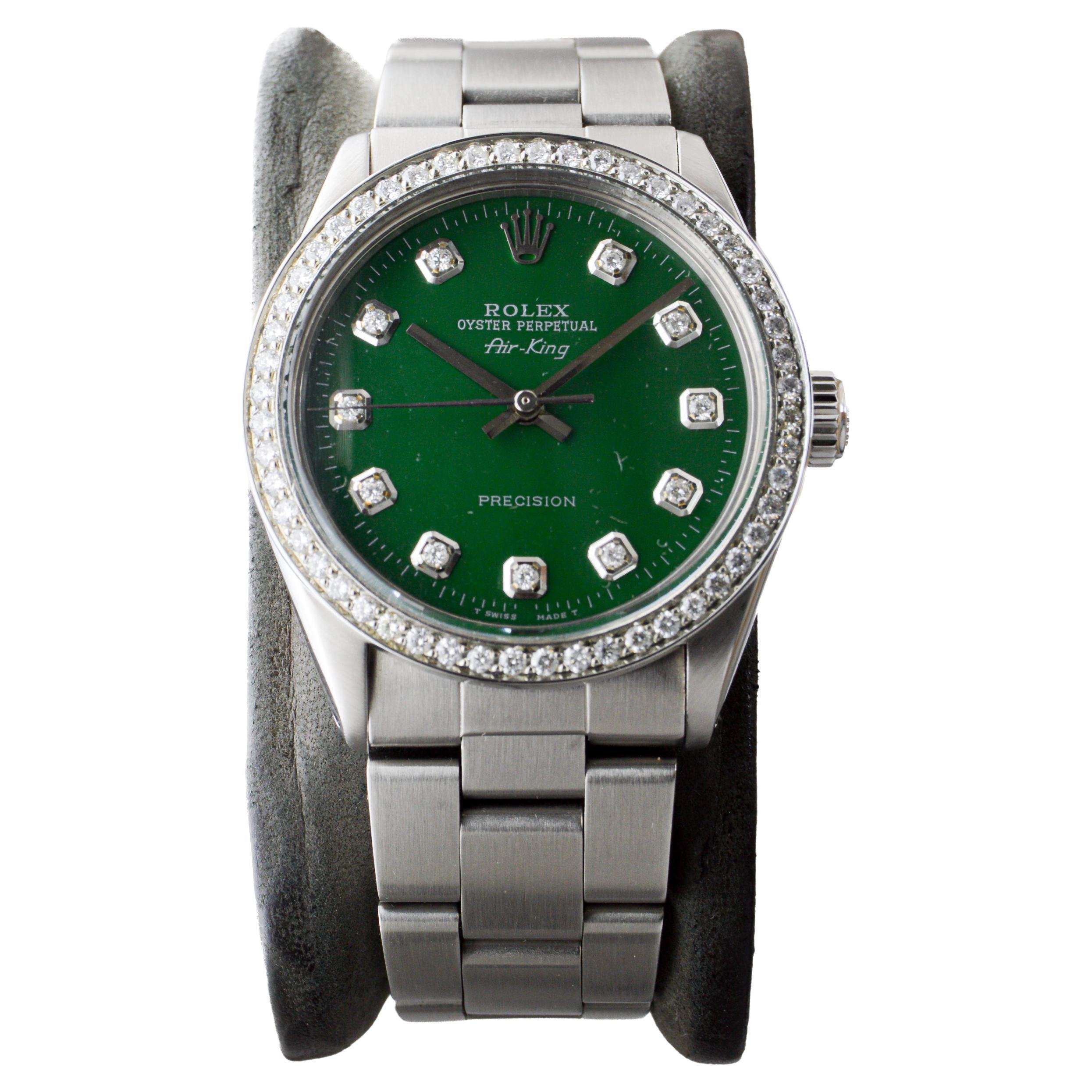 Rolex Steel Air-King with Custom Diamond Dial and Diamond Bezel circa 1980's In Excellent Condition For Sale In Long Beach, CA
