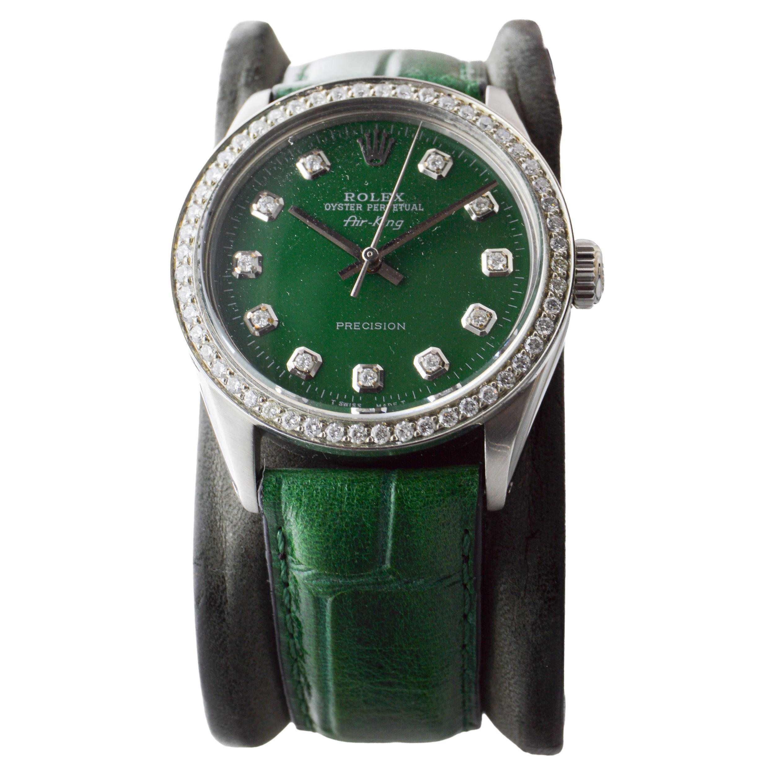 da uomo o donna Rolex Air-King in acciaio con quadrante e lunetta di diamanti personalizzati, circa anni '80 in vendita