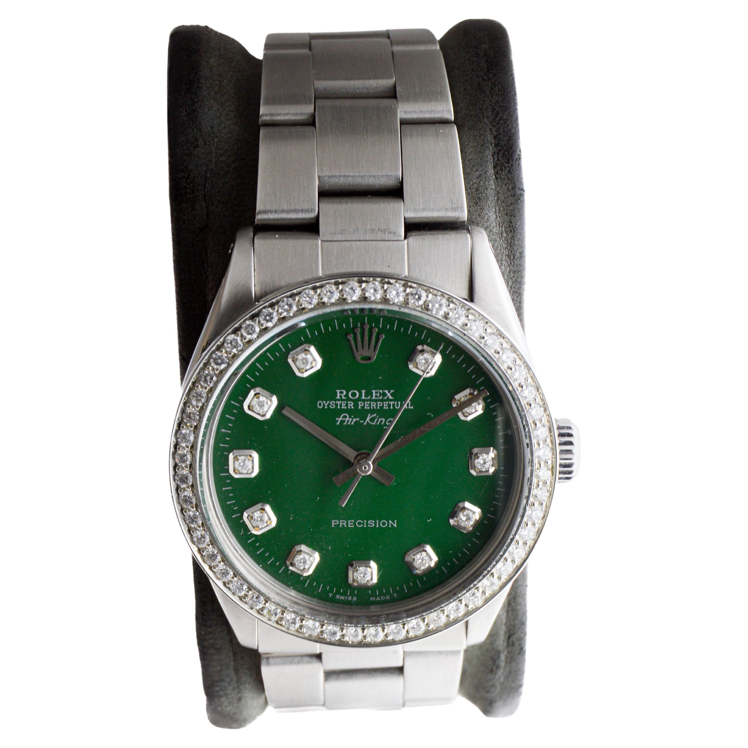 Women's or Men's Rolex Steel Air-King with Custom Diamond Dial and Diamond Bezel circa 1980's For Sale