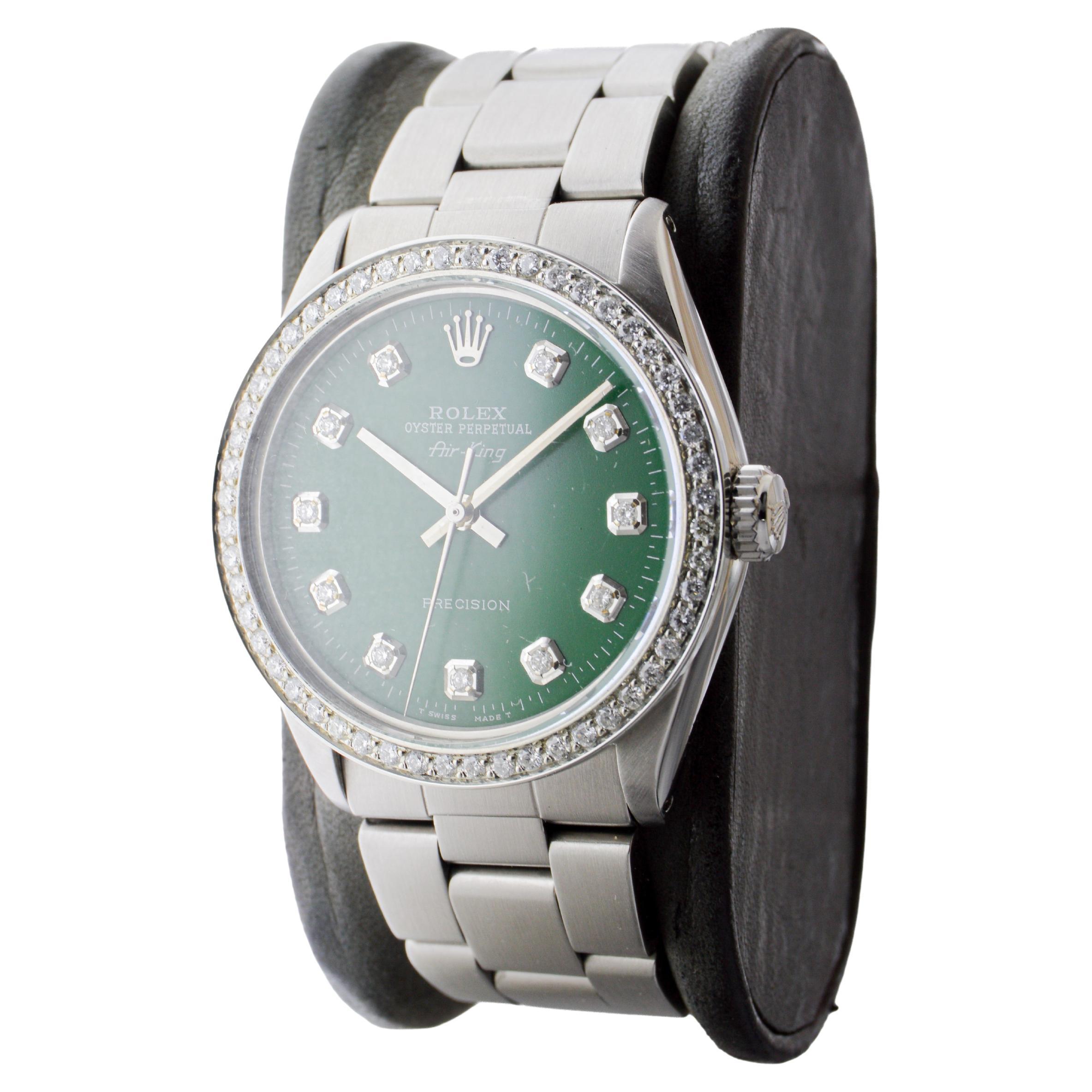 Rolex Steel Air-King with Custom Diamond Dial and Diamond Bezel circa 1980's For Sale 1