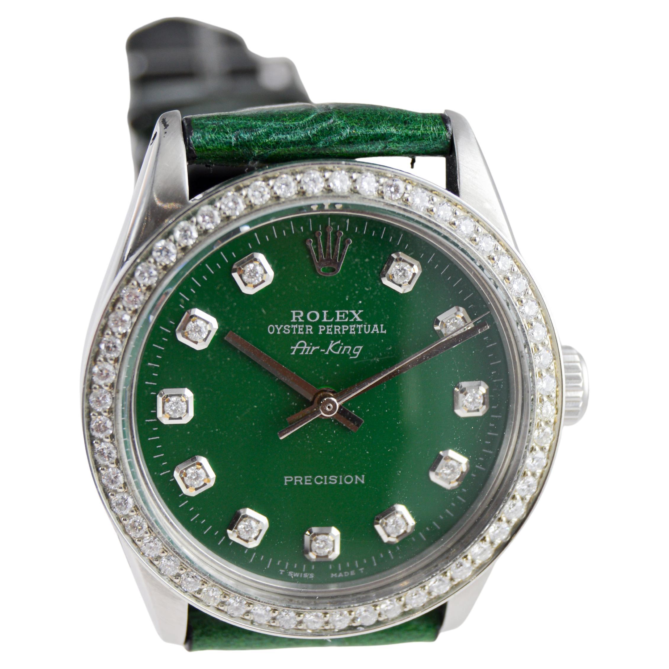 Rolex Air-King in acciaio con quadrante e lunetta di diamanti personalizzati, circa anni '80 in vendita 4