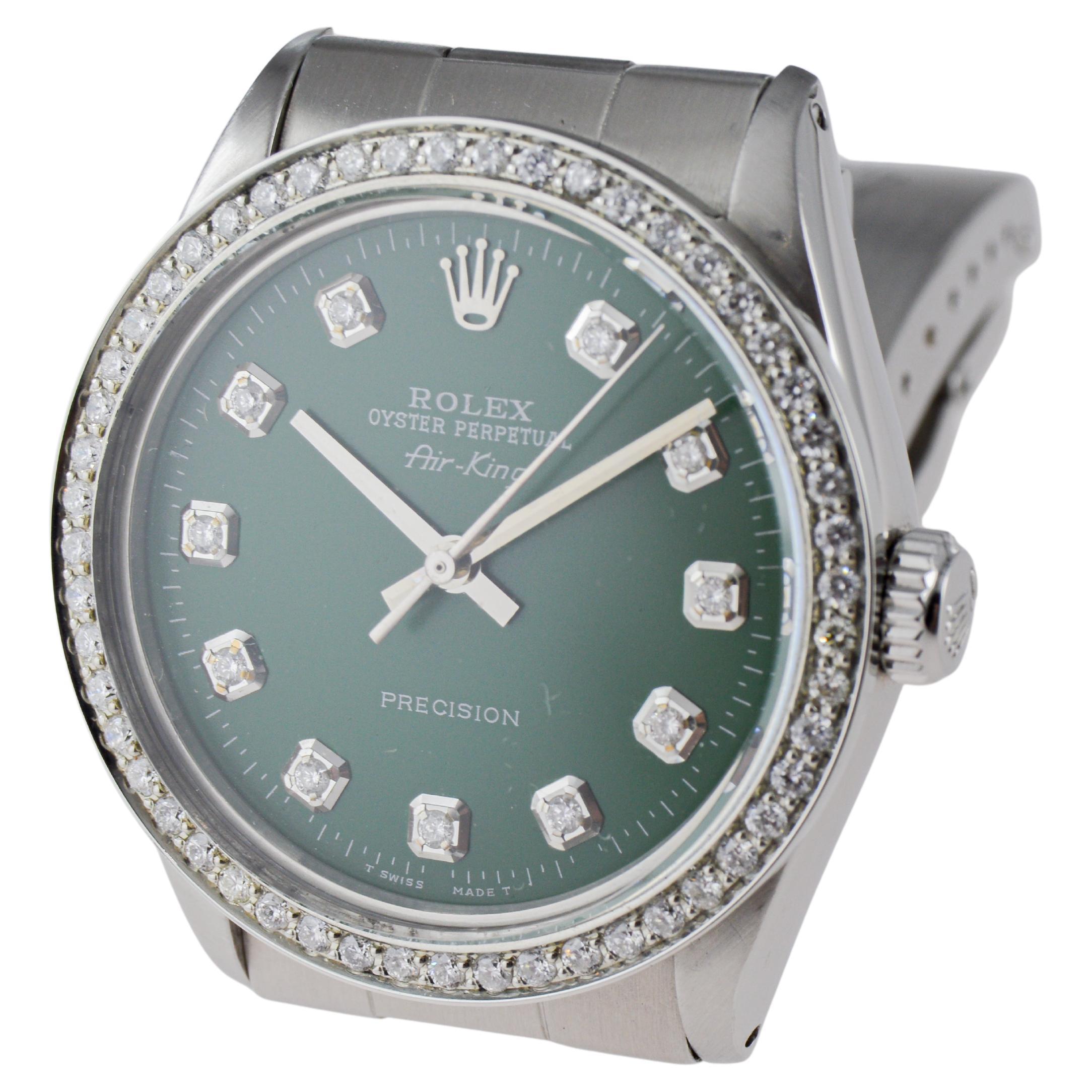 Rolex Steel Air-King with Custom Diamond Dial and Diamond Bezel circa 1980's For Sale 4
