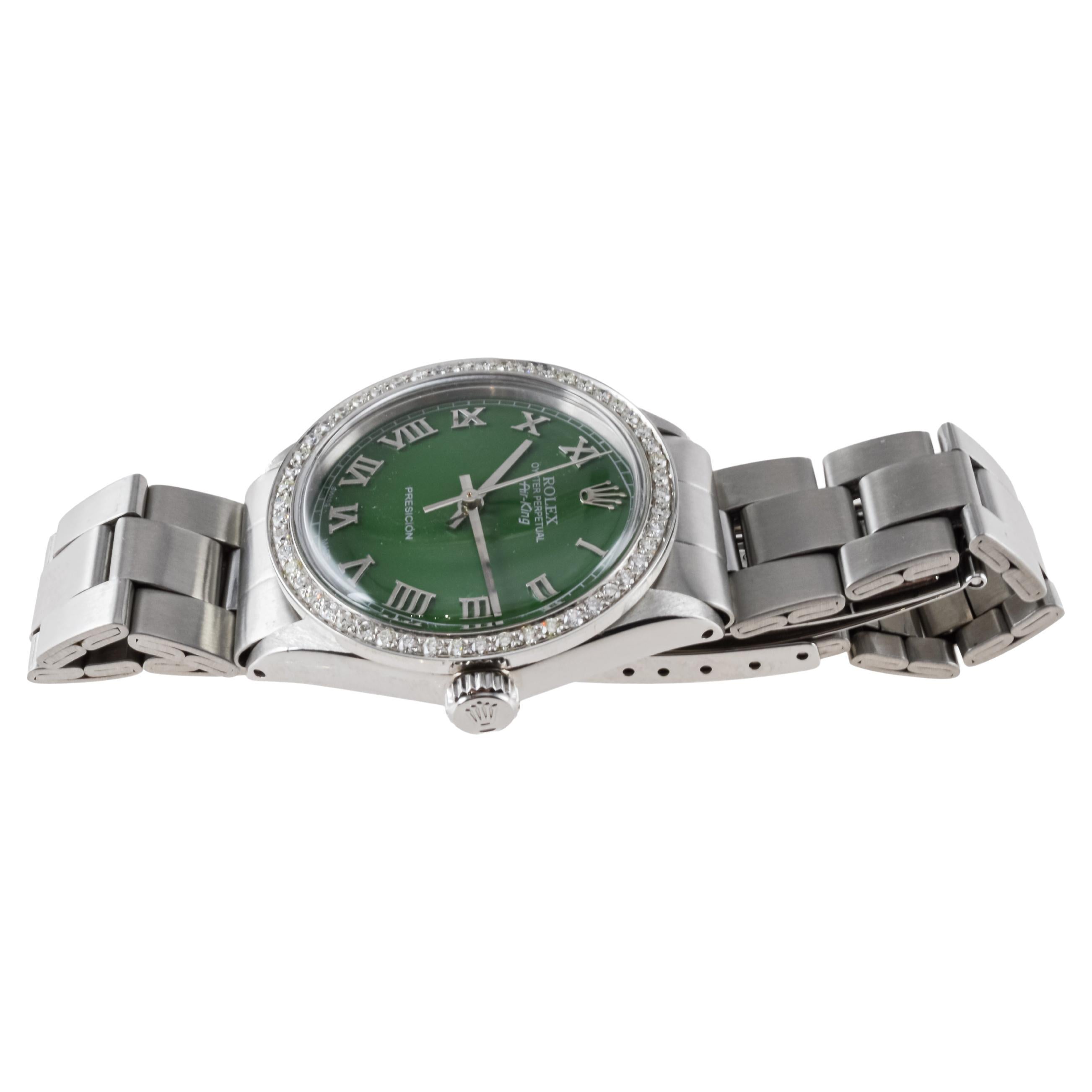 Rolex Air King de acero con esfera verde personalizada y bisel de diamantes personalizado ca 1960's en venta 5
