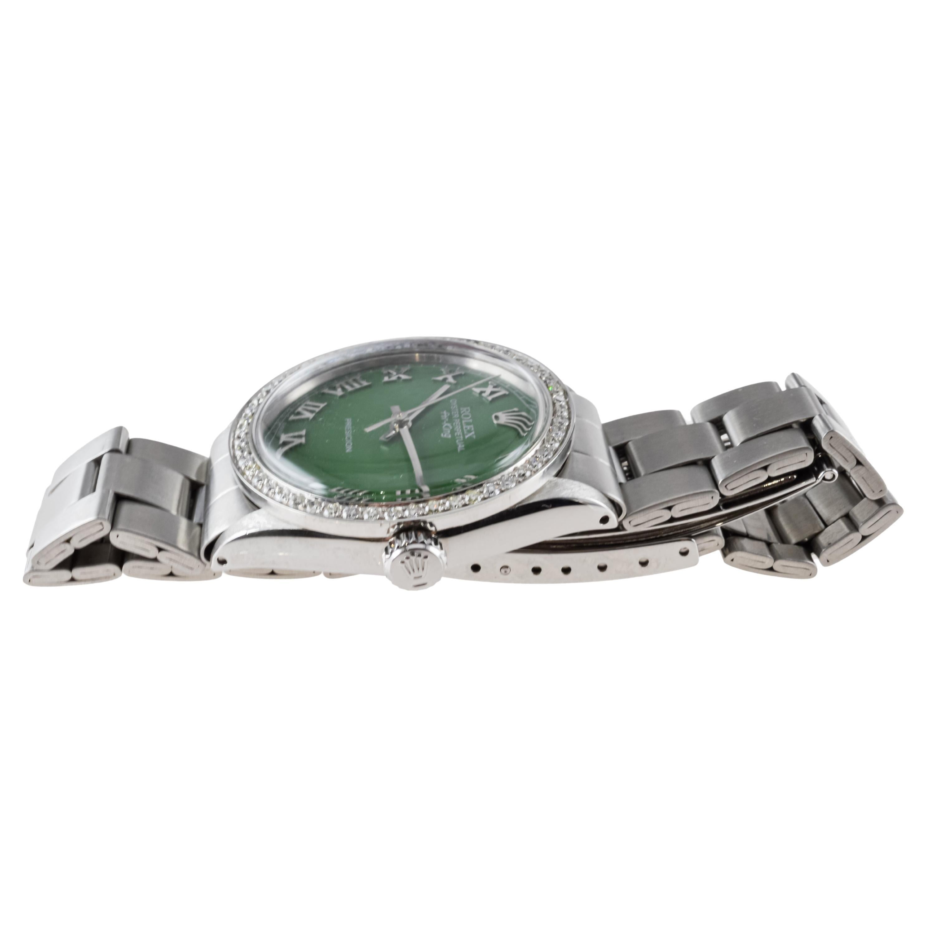 Rolex Air King de acero con esfera verde personalizada y bisel de diamantes personalizado ca 1960's en venta 6