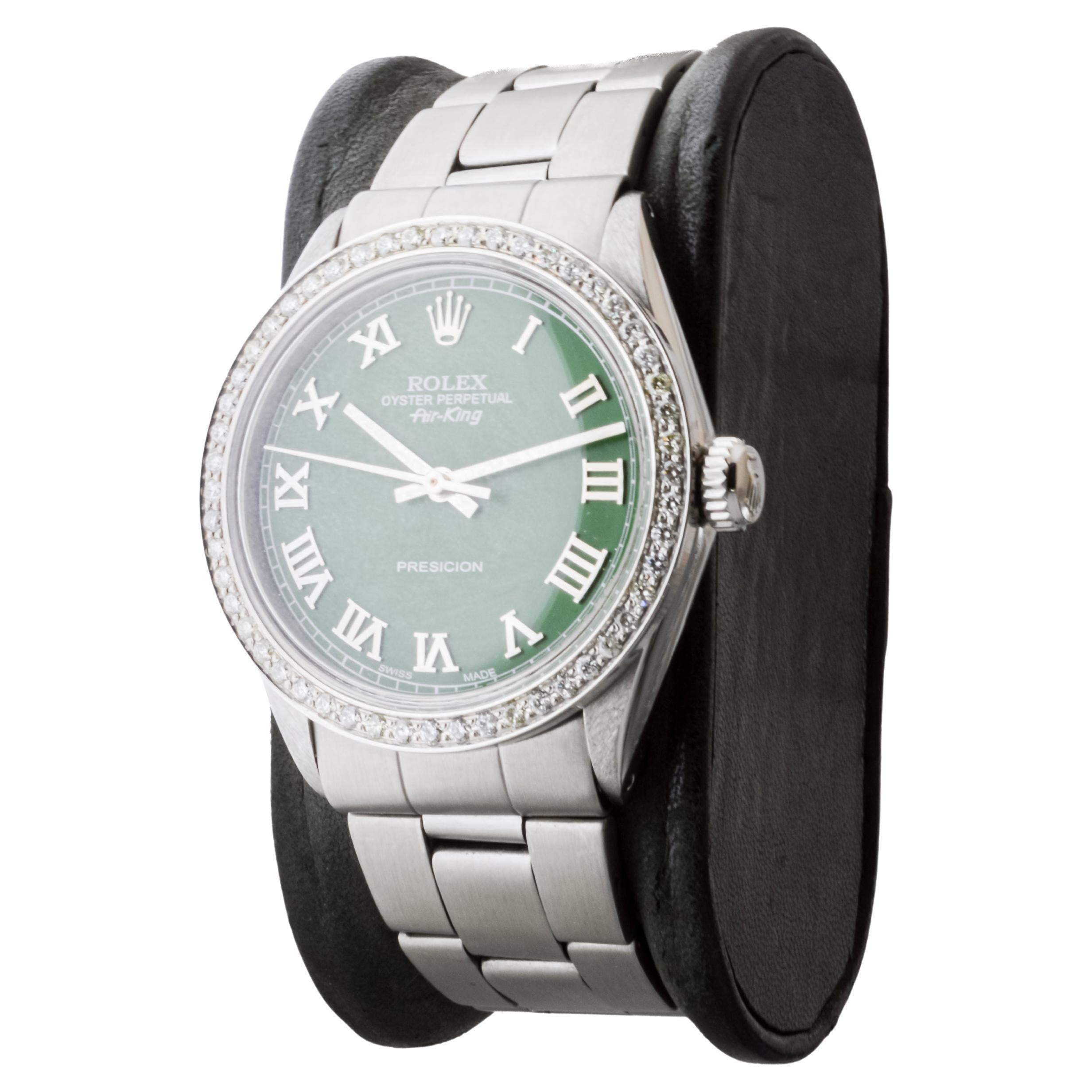 Rolex Air King de acero con esfera verde personalizada y bisel de diamantes personalizado ca 1960's Moderno en venta