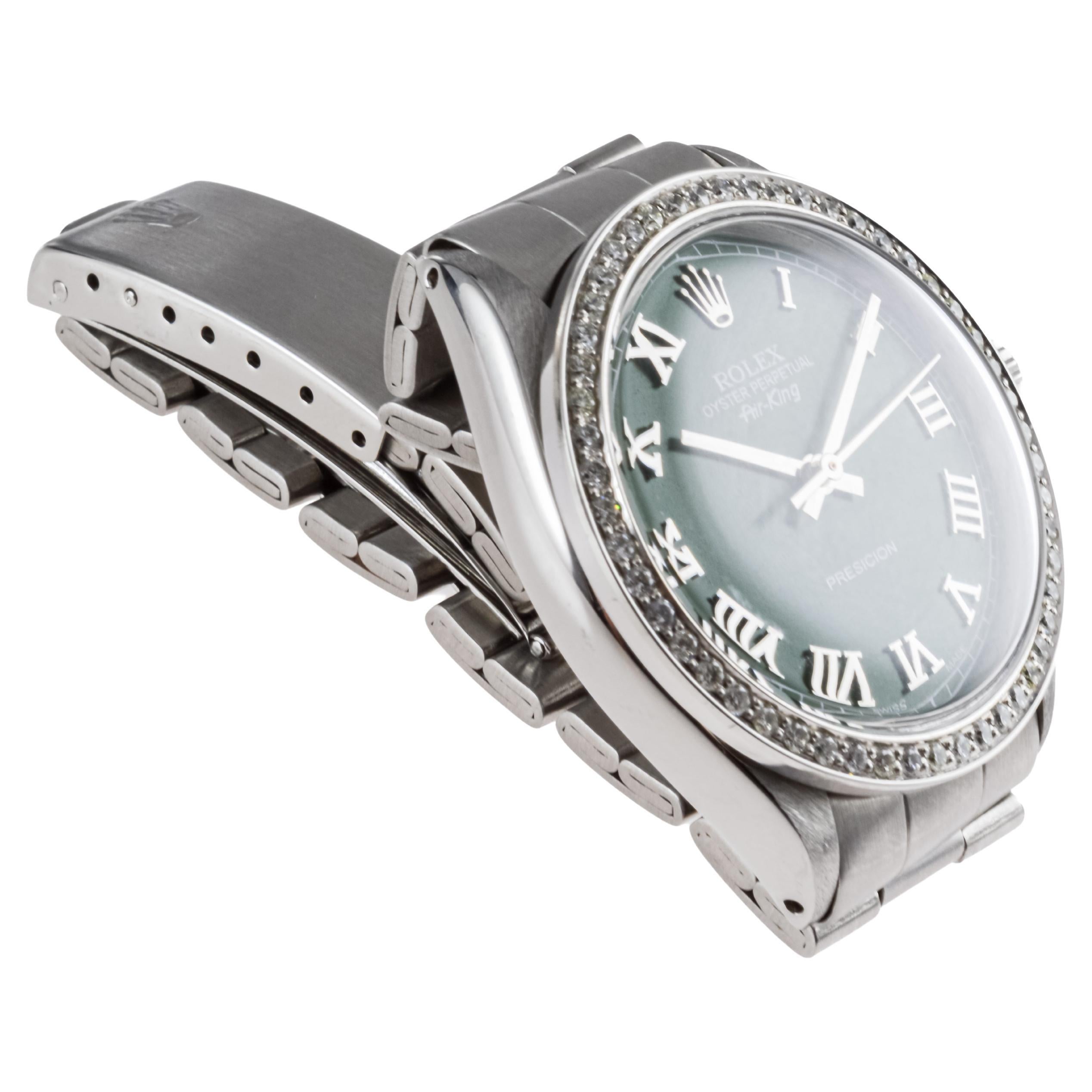 Rolex Air King de acero con esfera verde personalizada y bisel de diamantes personalizado ca 1960's en Excelente estado para la venta en Long Beach, CA