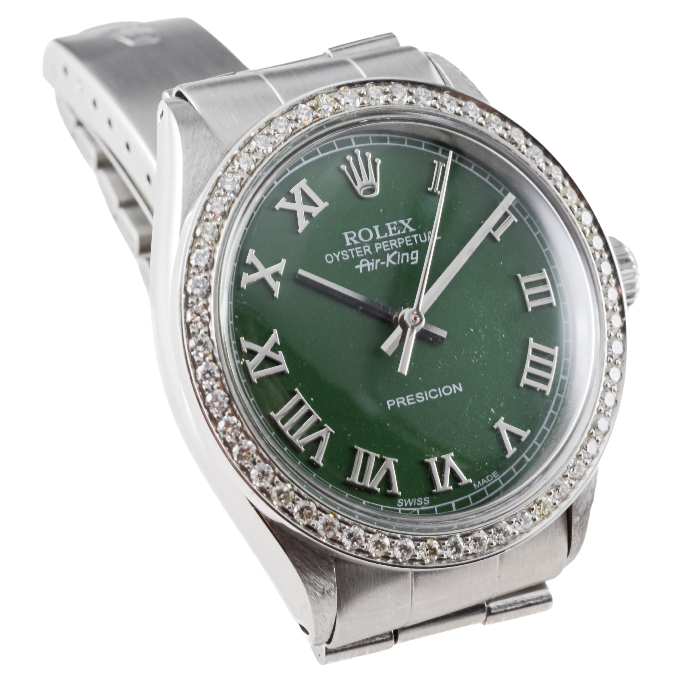 Femenino o masculino Rolex Air King de acero con esfera verde personalizada y bisel de diamantes personalizado ca 1960's en venta