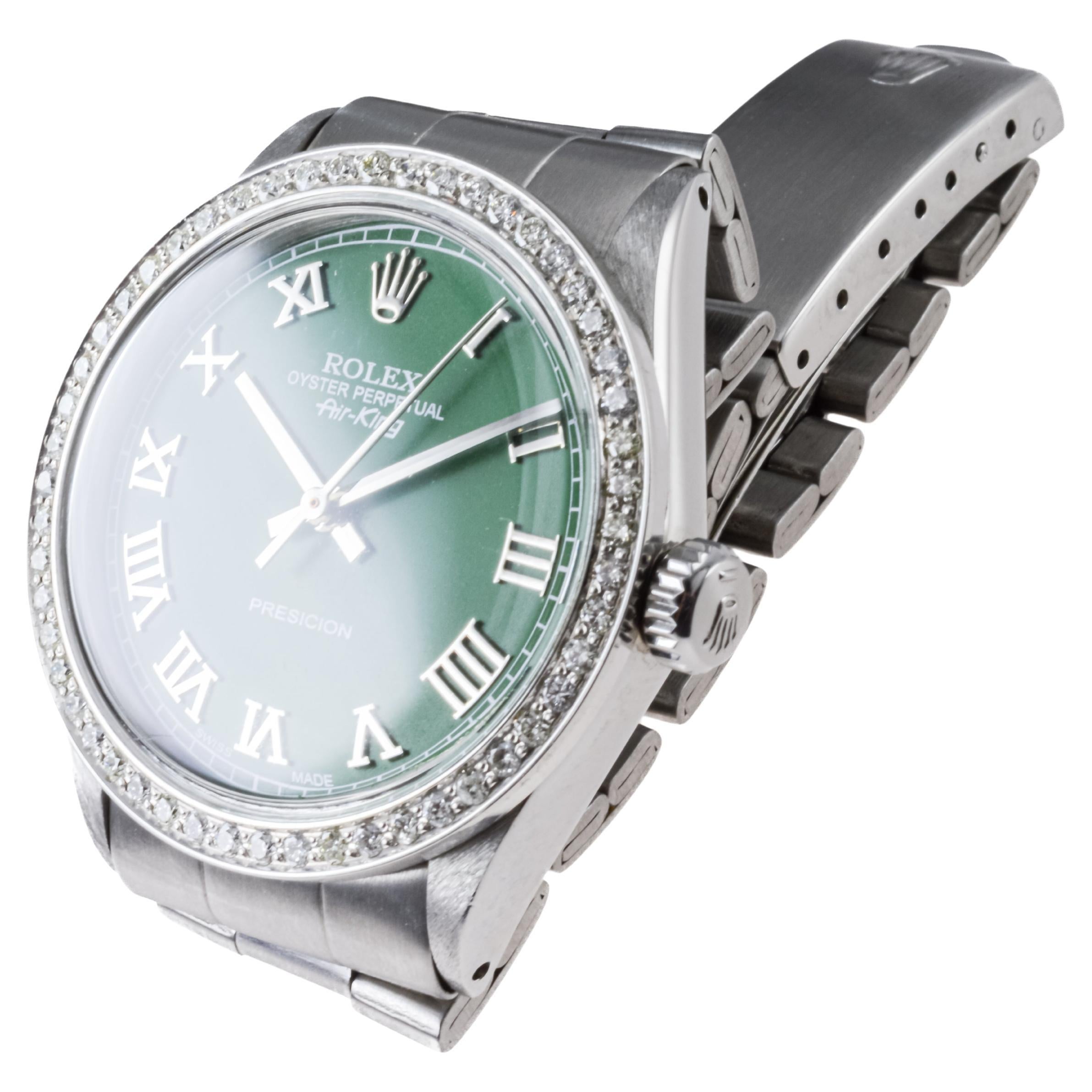 Rolex Air King de acero con esfera verde personalizada y bisel de diamantes personalizado ca 1960's en venta 2