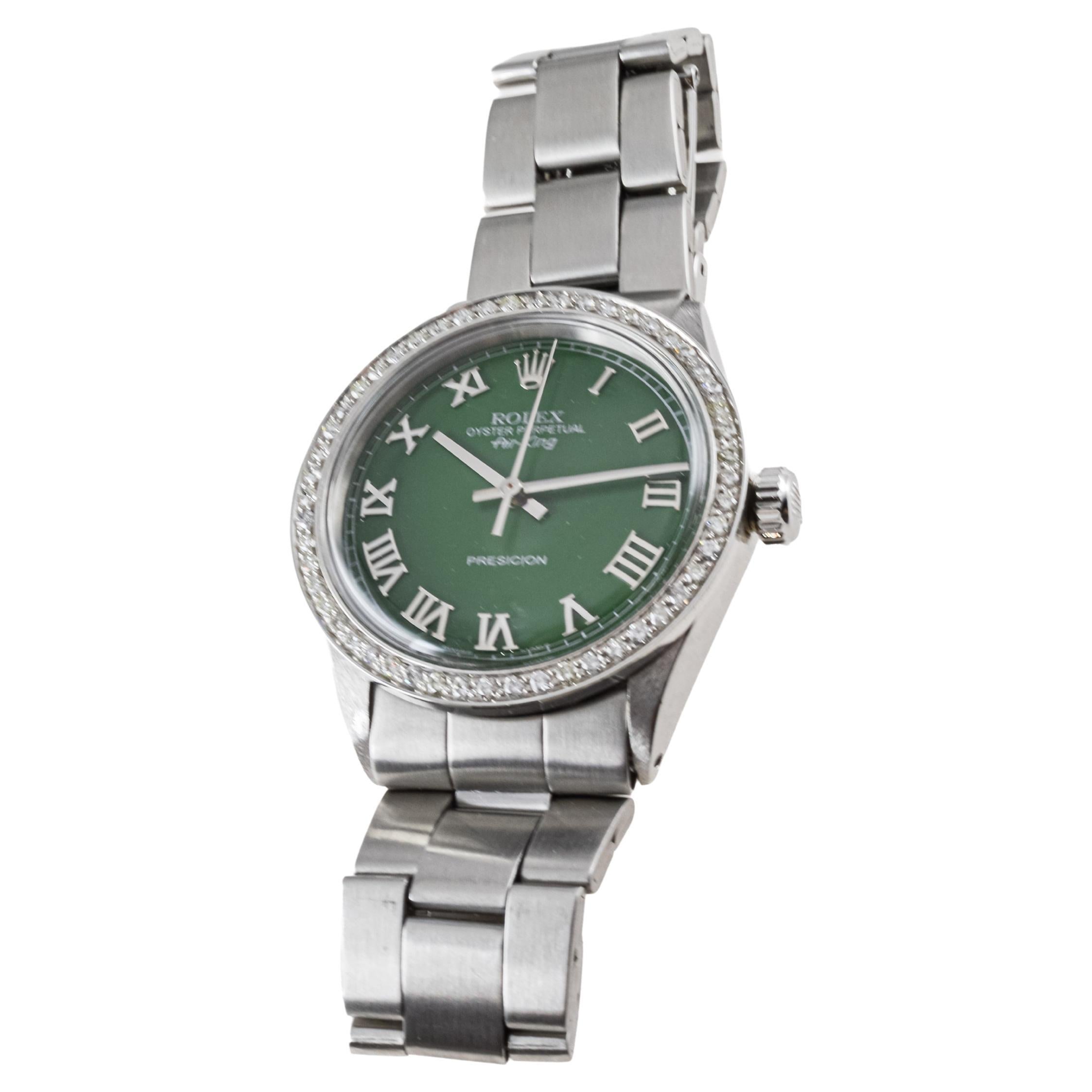 Rolex Air King de acero con esfera verde personalizada y bisel de diamantes personalizado ca 1960's en venta 3