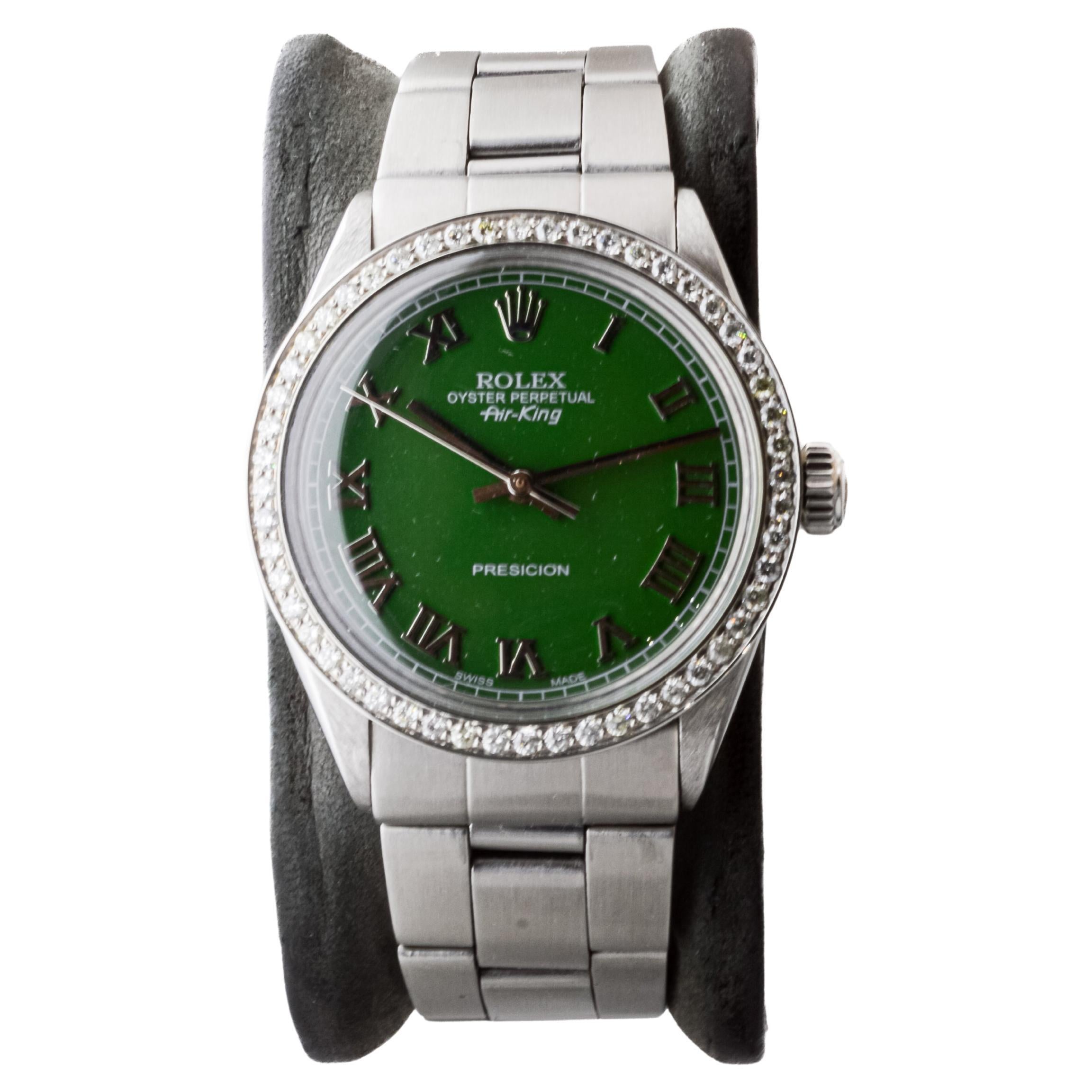 Rolex Air King de acero con esfera verde personalizada y bisel de diamantes personalizado ca 1960's en venta
