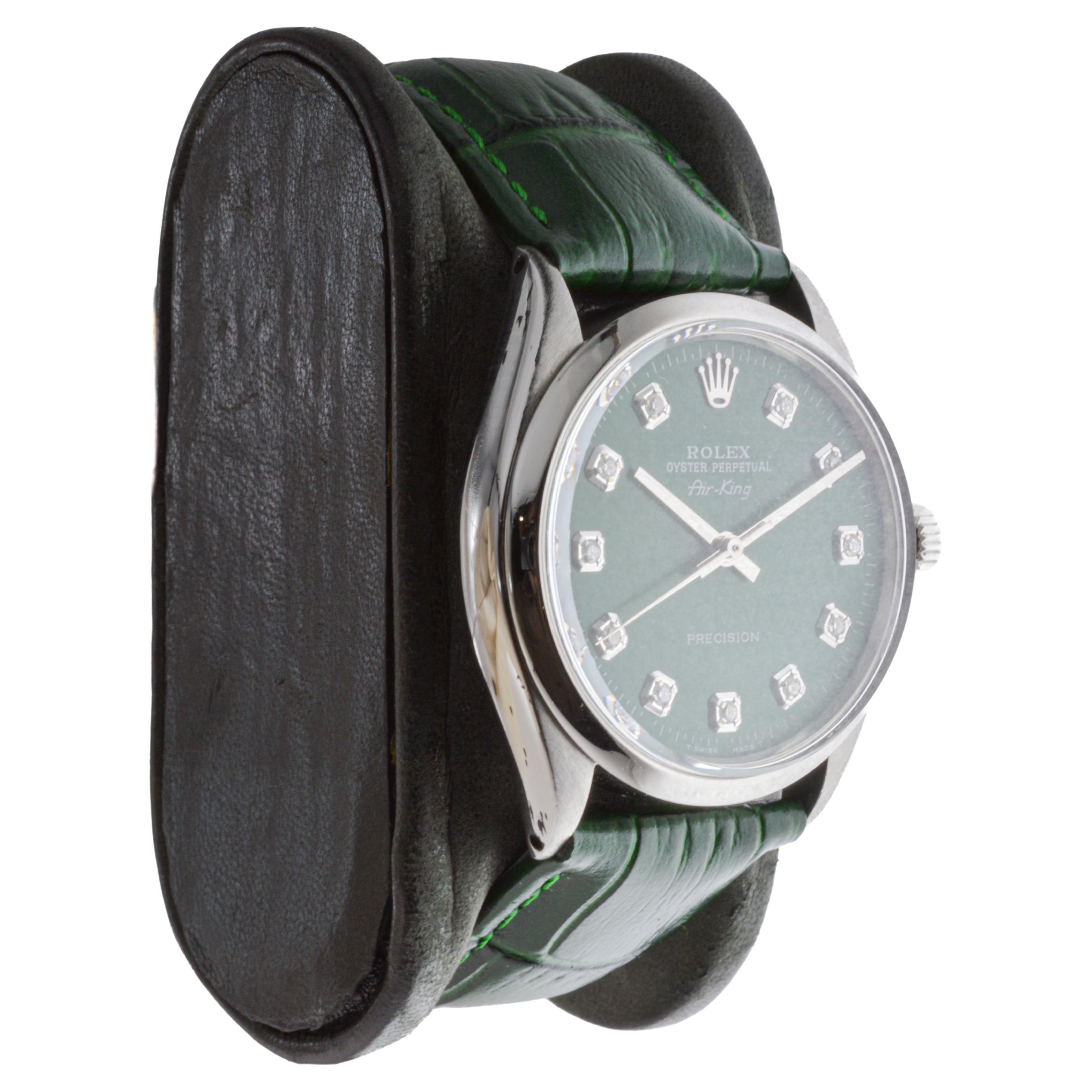 FACTORY / HOUSE: Rolex Watch Company
STYLE / REFERENCE: Air-King / Reference 5500/1002
METAL / MATERIAL: Stainless Steel
CIRCA / YEAR: 1960's
DIMENSIONS / SIZE: Length 38mm X Diameter 34mm
MOVEMENT / CALIBER: Perpetual Winding / 26 Jewels / Caliber