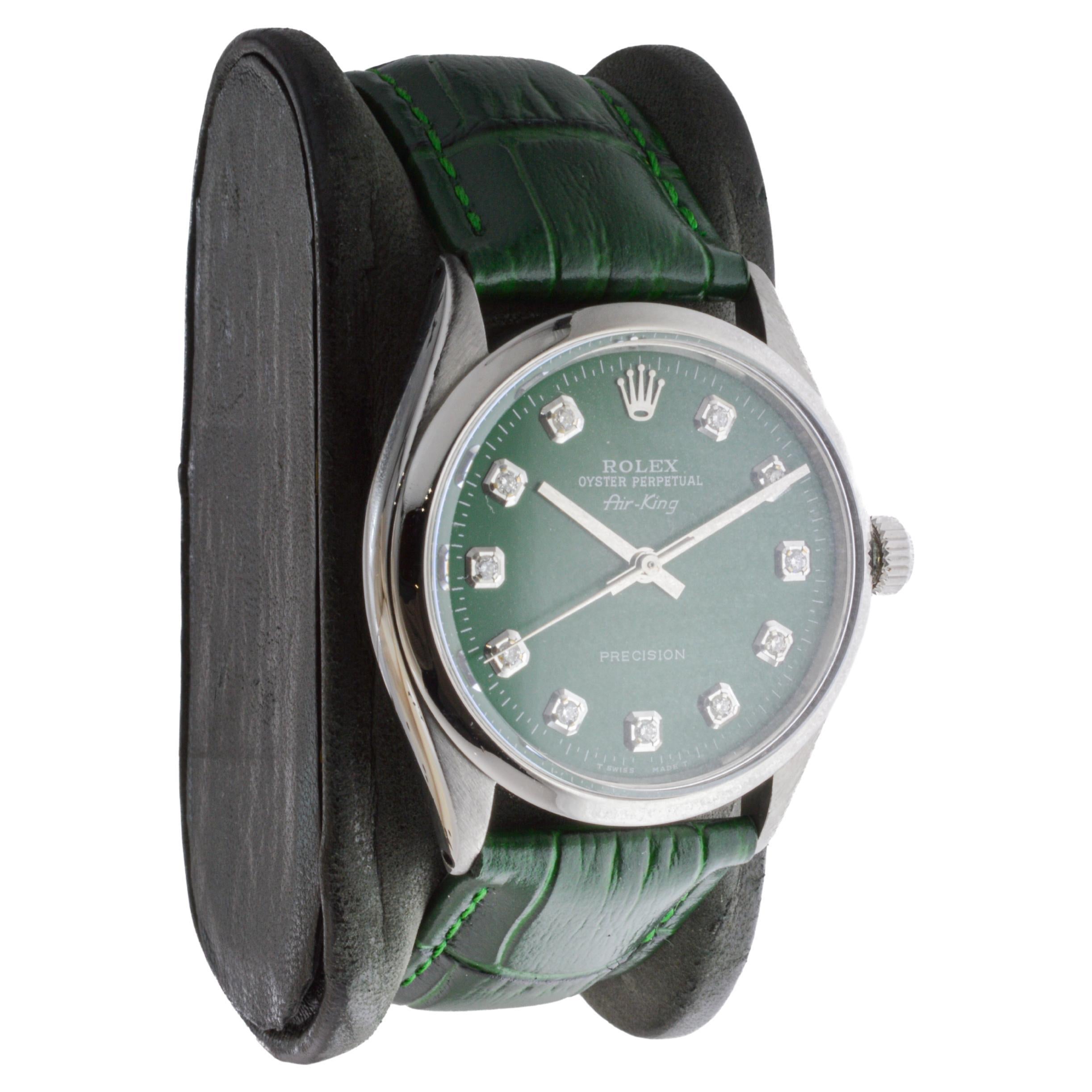 Modern Rolex Steel Air King with Custom Green Dial and Diamond Markers
