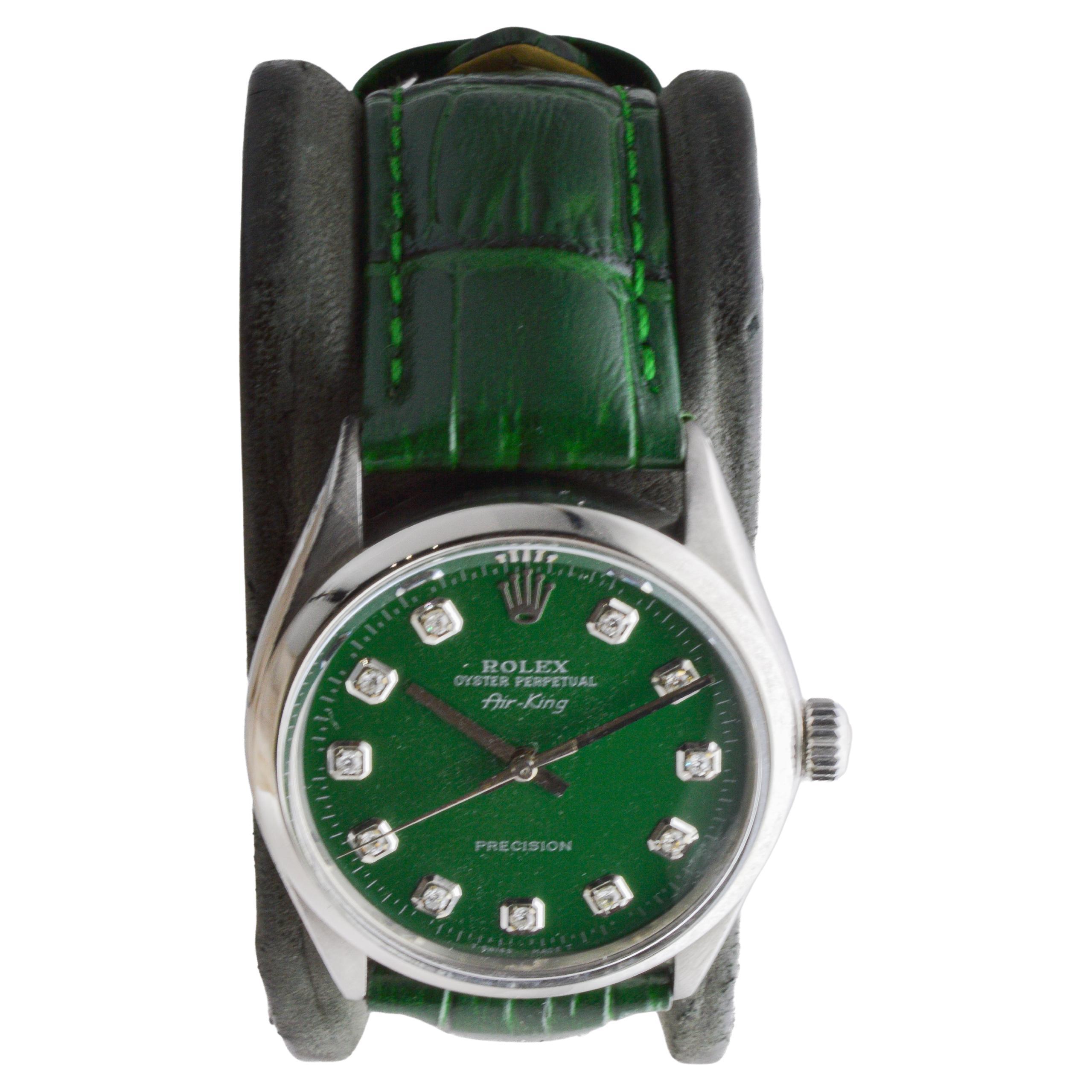 Rolex Steel Air King with Custom Green Dial and Diamond Markers In Excellent Condition In Long Beach, CA