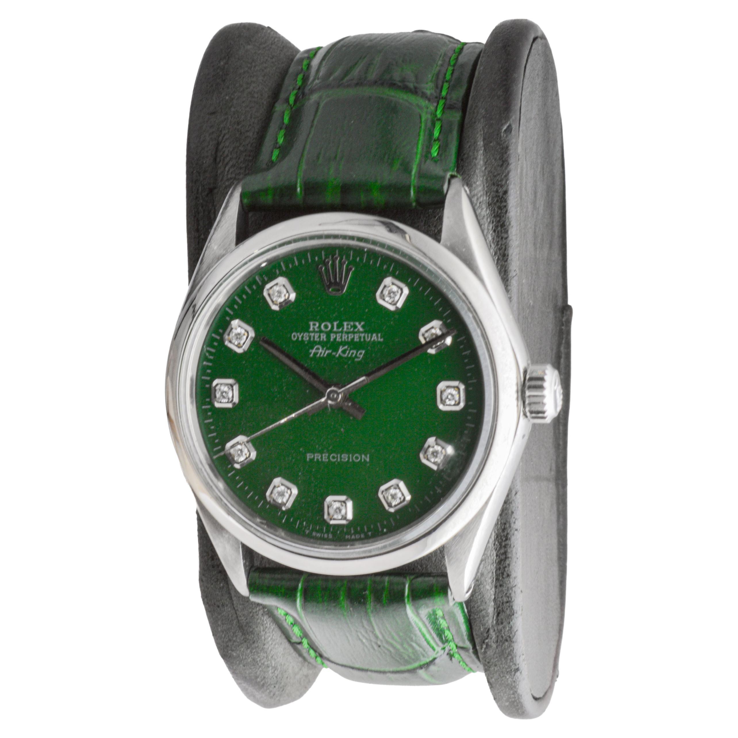 Women's or Men's Rolex Steel Air King with Custom Green Dial and Diamond Markers