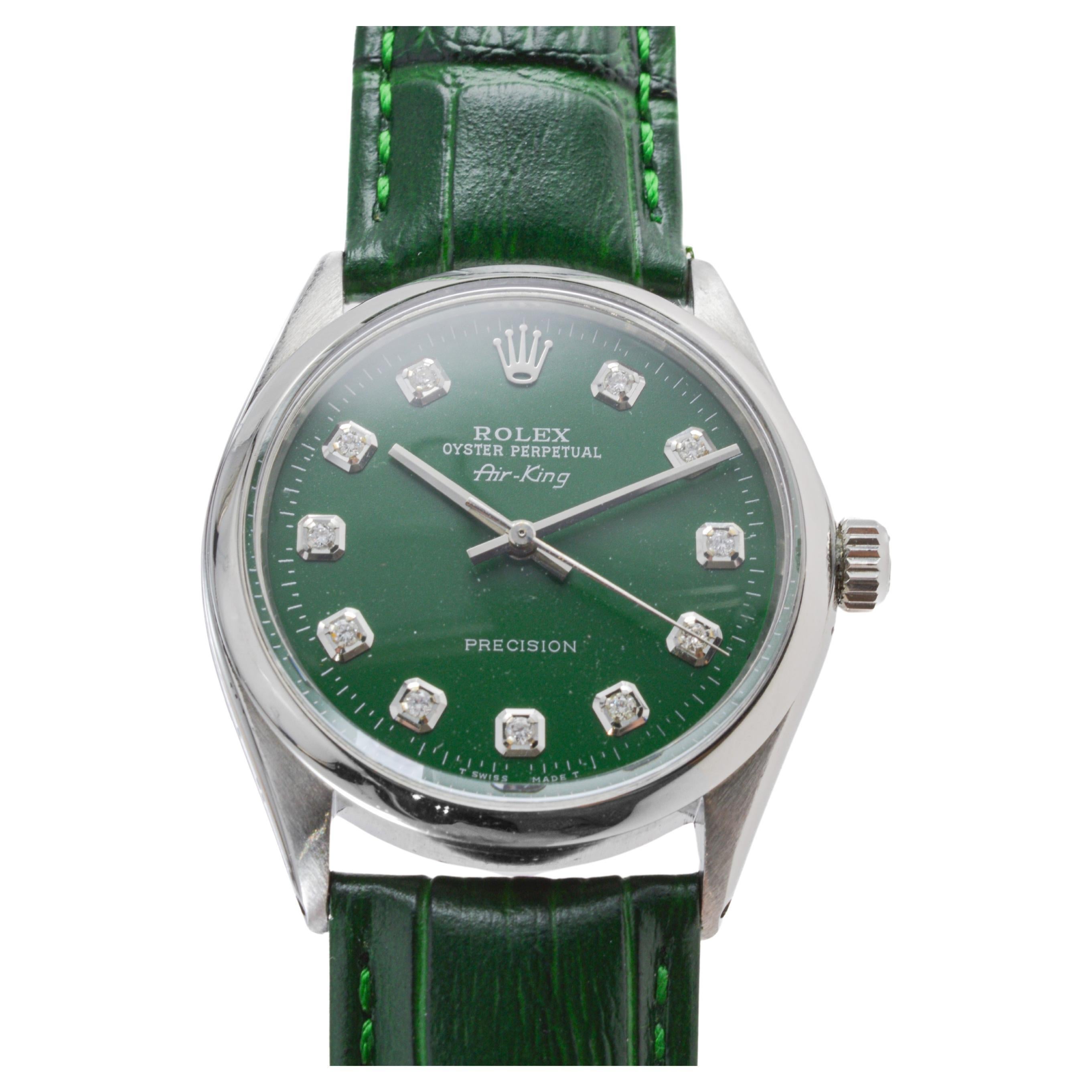 Rolex Steel Air King with Custom Green Dial and Diamond Markers 1