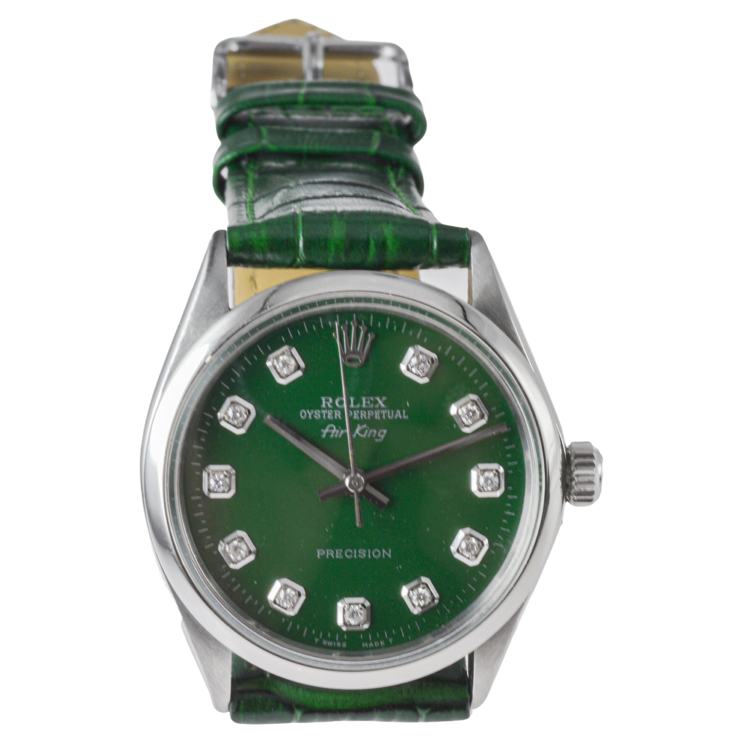 Rolex Steel Air King with Custom Green Dial and Diamond Markers 3