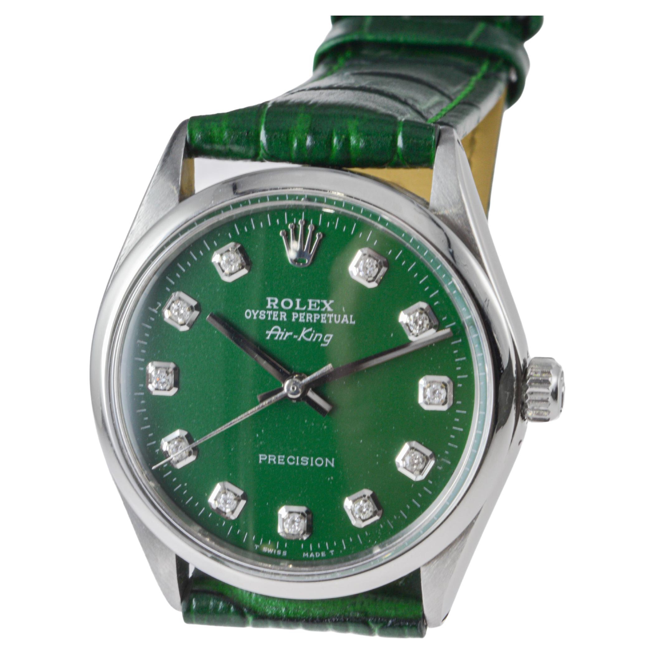 Rolex Steel Air King with Custom Green Dial and Diamond Markers 4