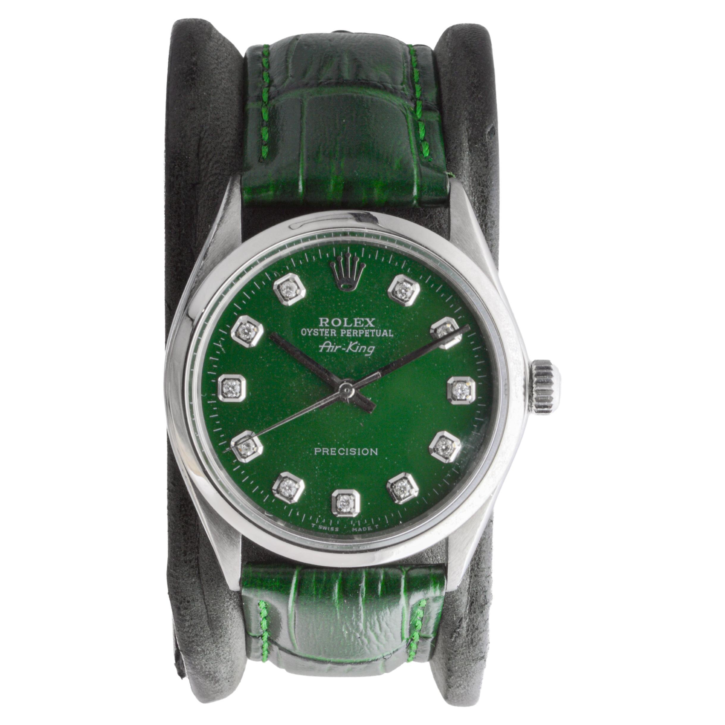 Rolex Steel Air King with Custom Green Dial and Diamond Markers