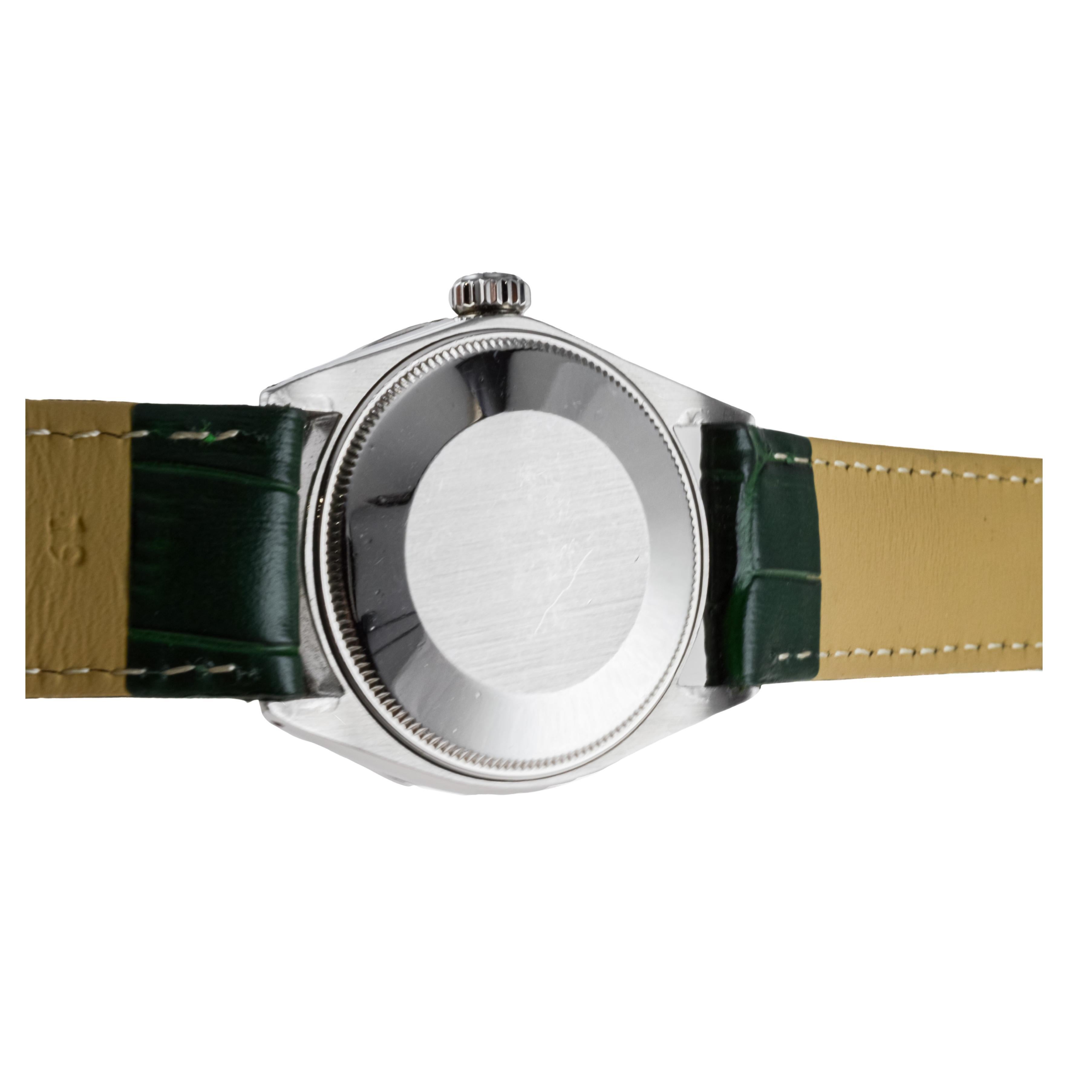 Rolex Steel Air King with Custom Green Roman Dial And Diamond Bezel ca 1960's For Sale 5