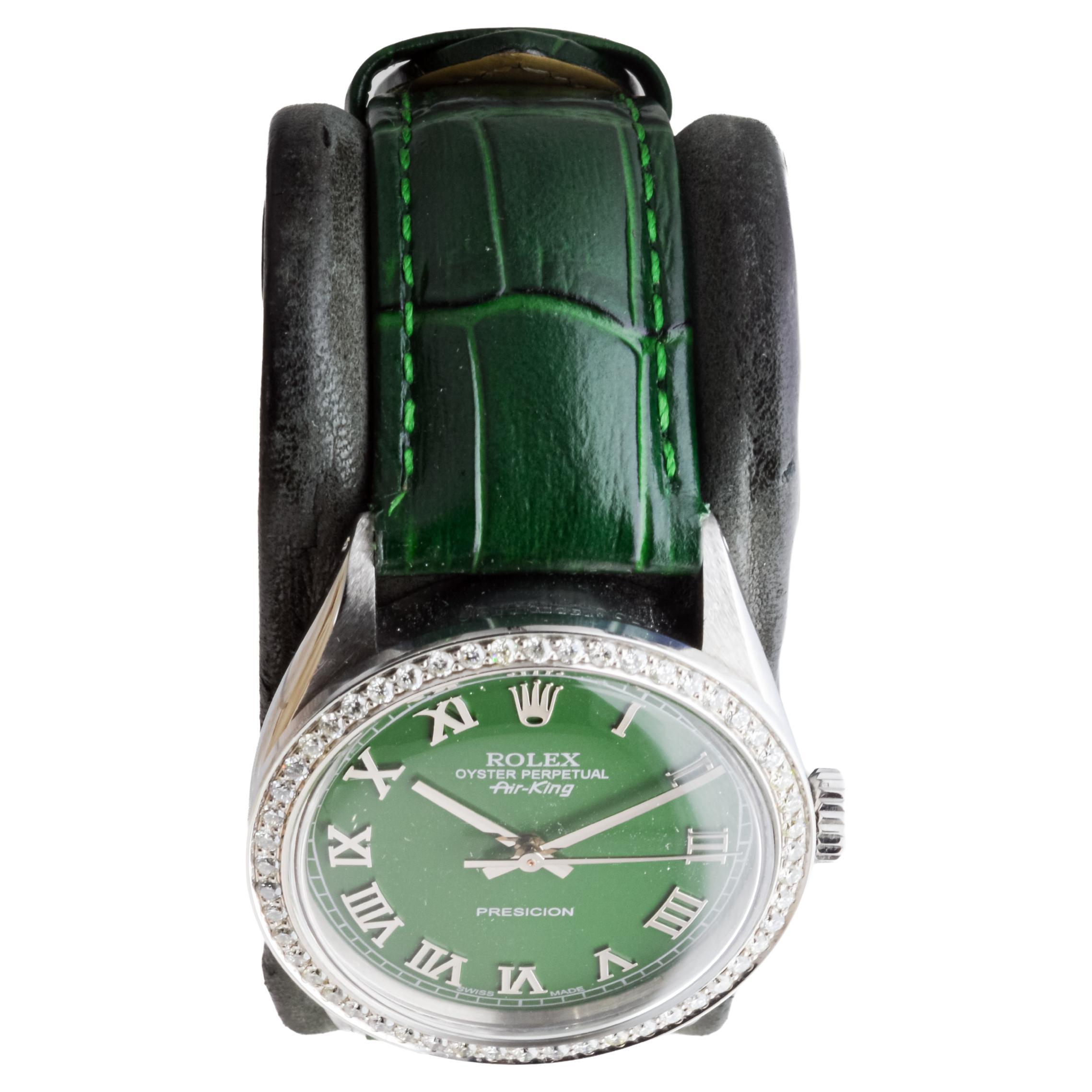 Modern Rolex Steel Air King with Custom Green Roman Dial And Diamond Bezel ca 1960's For Sale