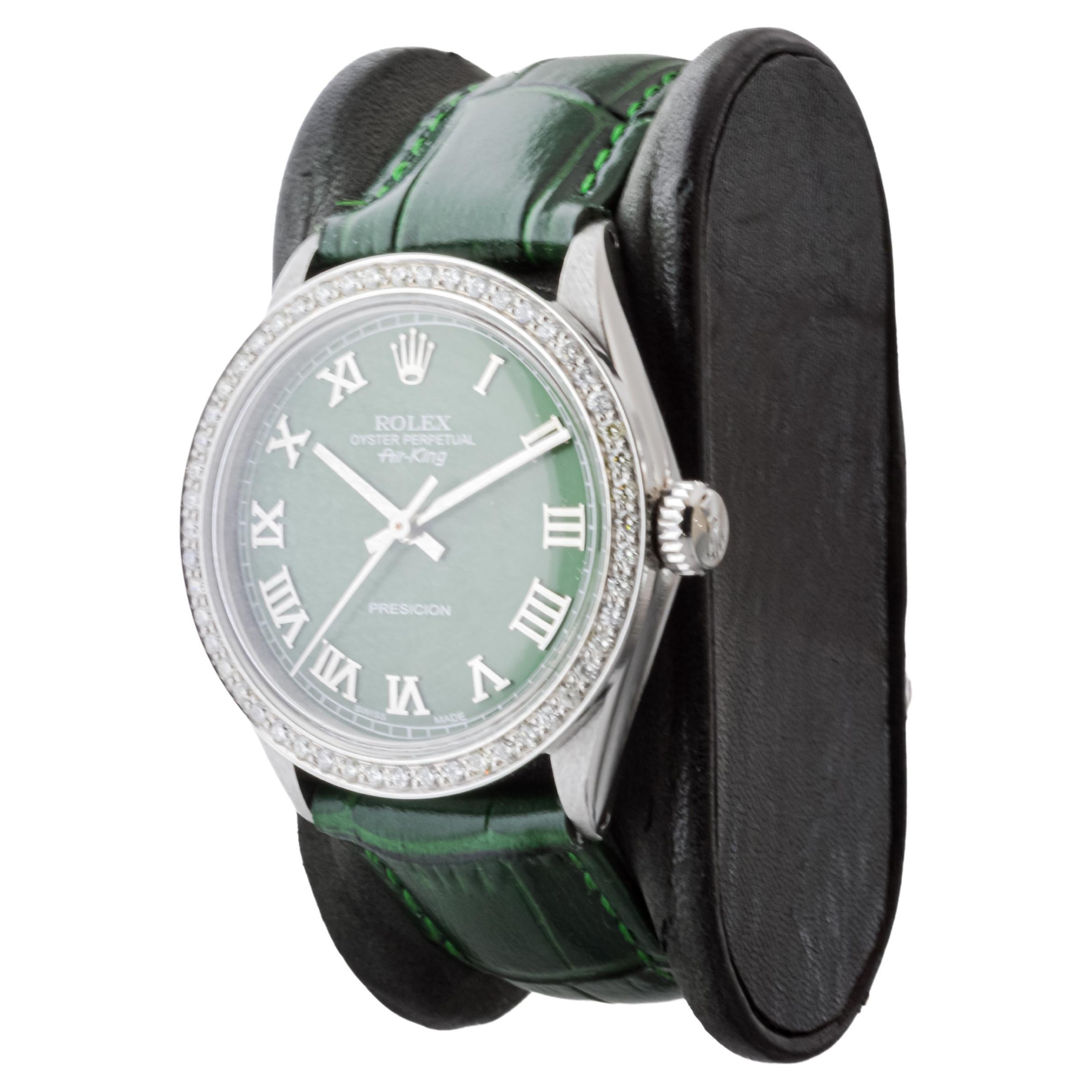 Rolex Steel Air King with Custom Green Roman Dial And Diamond Bezel ca 1960's In Excellent Condition For Sale In Long Beach, CA