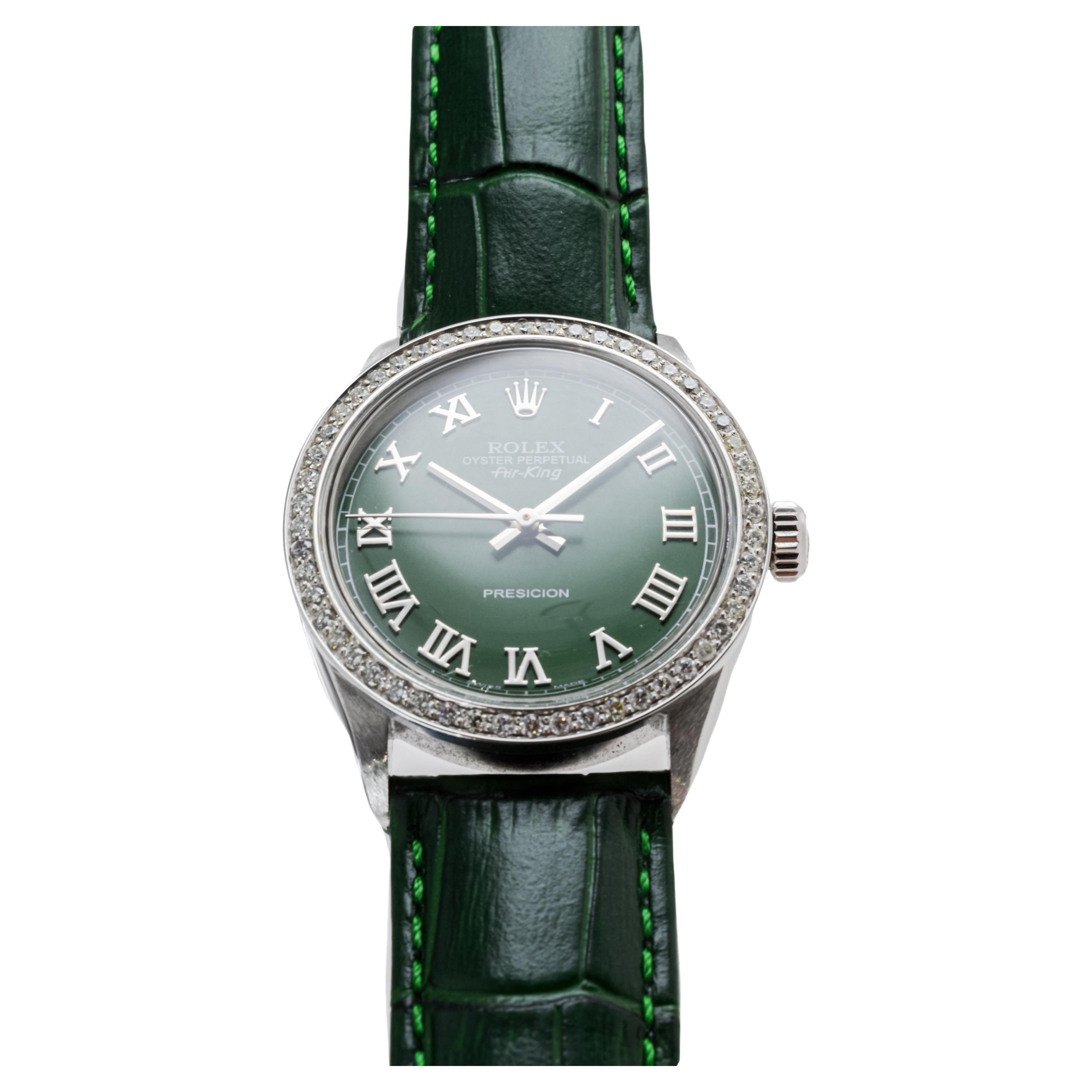Women's or Men's Rolex Steel Air King with Custom Green Roman Dial And Diamond Bezel ca 1960's For Sale